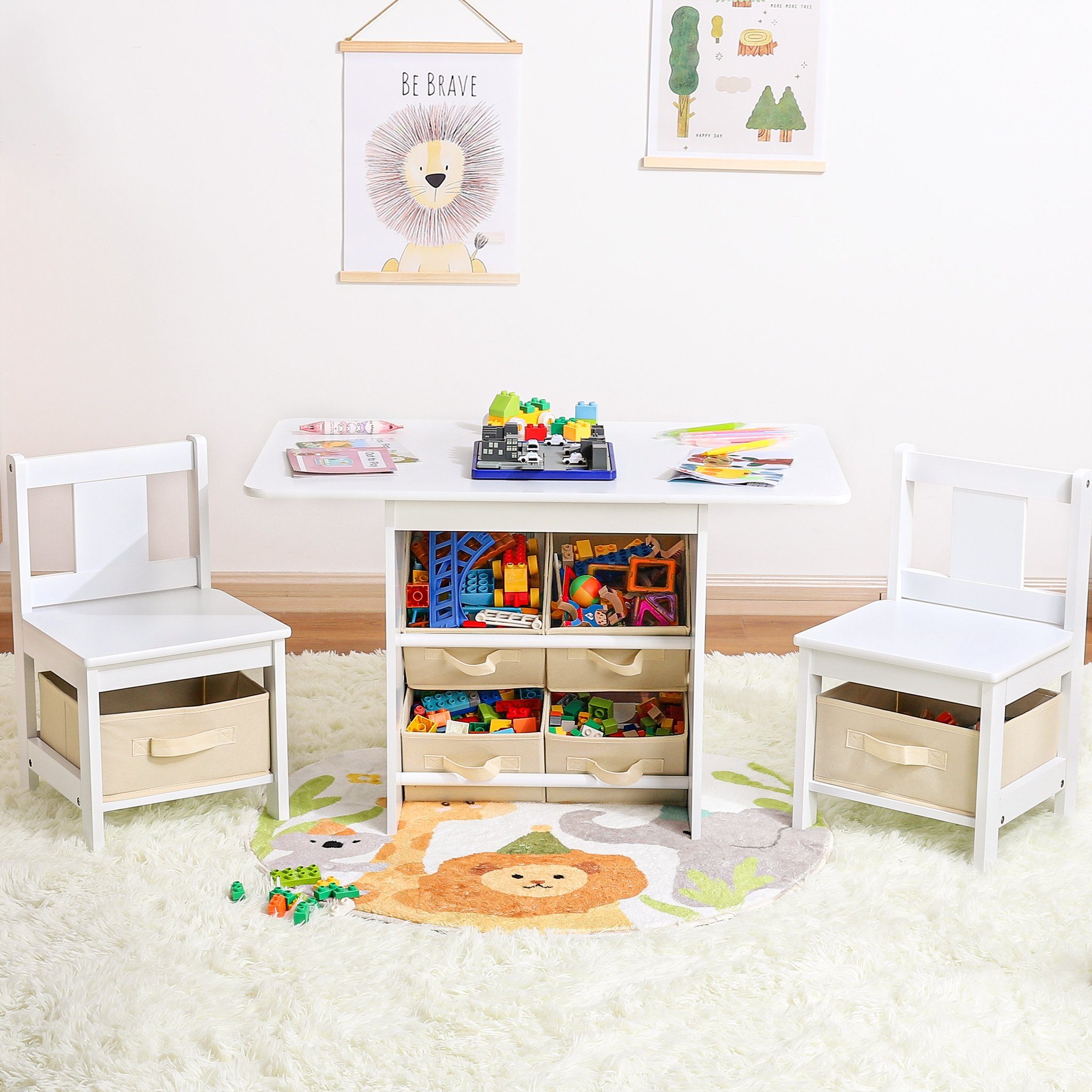Yorbay Kindersitzgruppe Kindertisch mit 2 Stühlen, mit 6 Aufbewahrungskörben, (Kindersitzgruppe 3tlg, Weiß + Beige, Kindertisch mit Stauraum), Sitzgruppe für Kinder, Maltisch für Kinderzimmer, Spielzimmer
