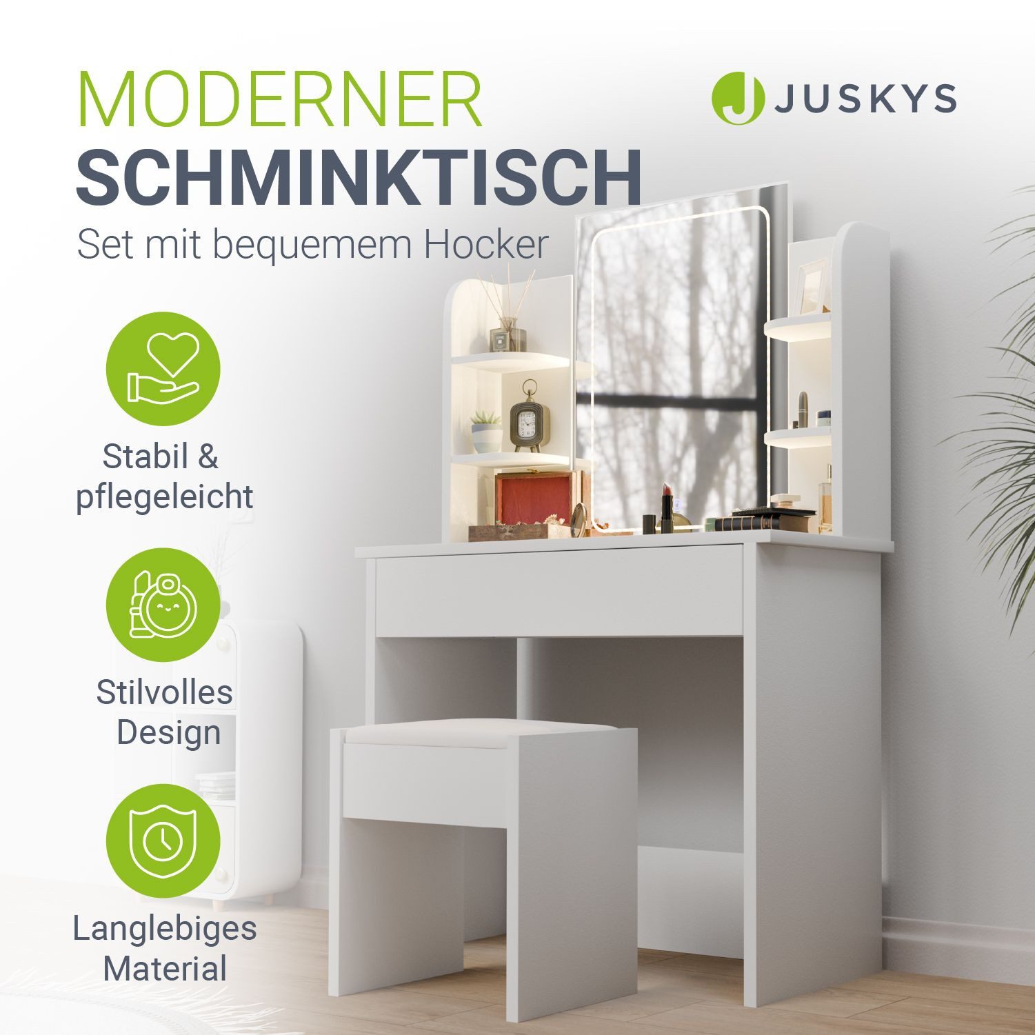 Juskys Schminktisch Zoey, Touch-LED-Spiegel mit 3 Stufen, inkl. Hocker, Sta günstig online kaufen