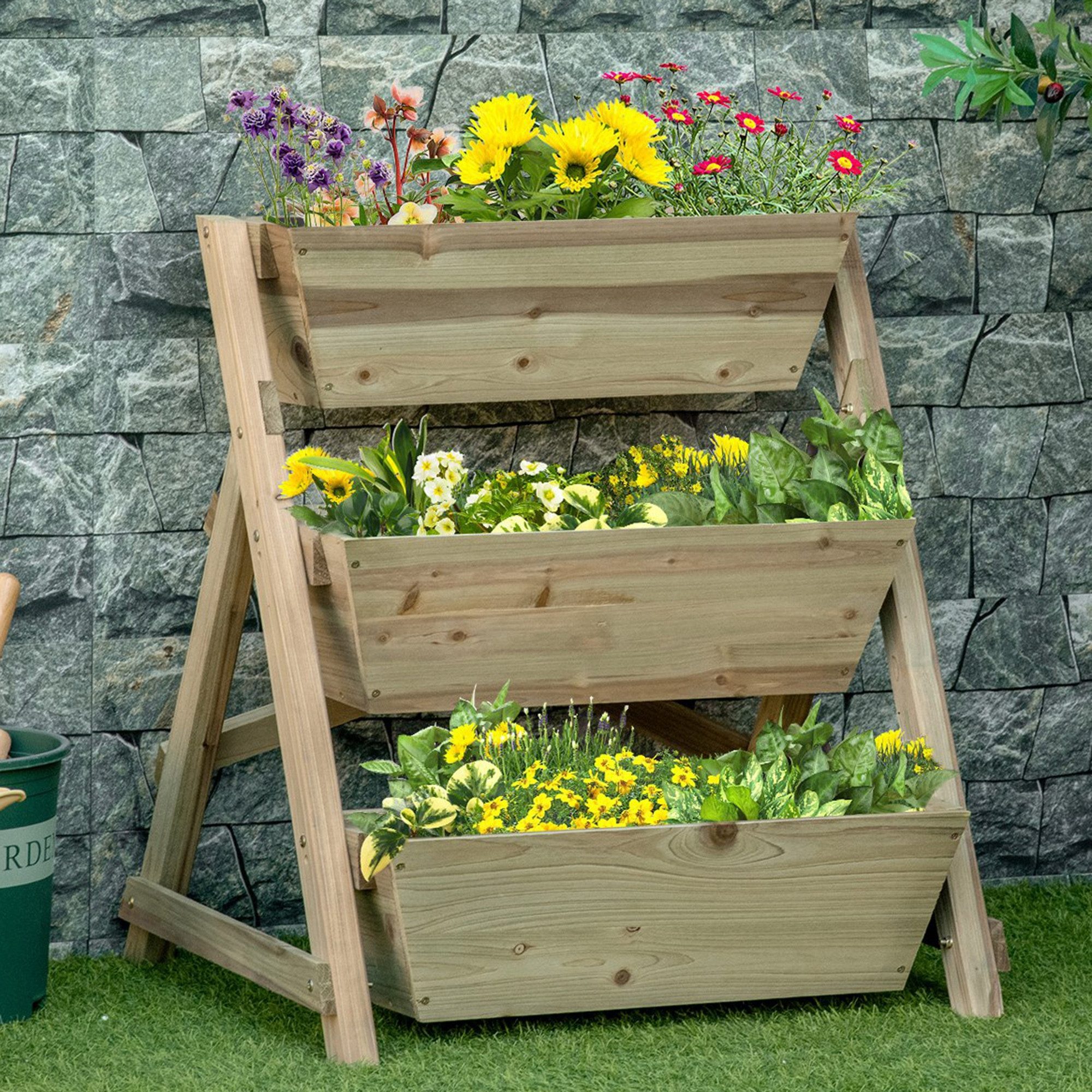 Outsunny Hochbeet Pflanzentreppe Pflanzregal Natur 71 x 61 x 77 cm (Blumentreppe, 1 St., Blumenleiter), für Garten, Balkon, Grün