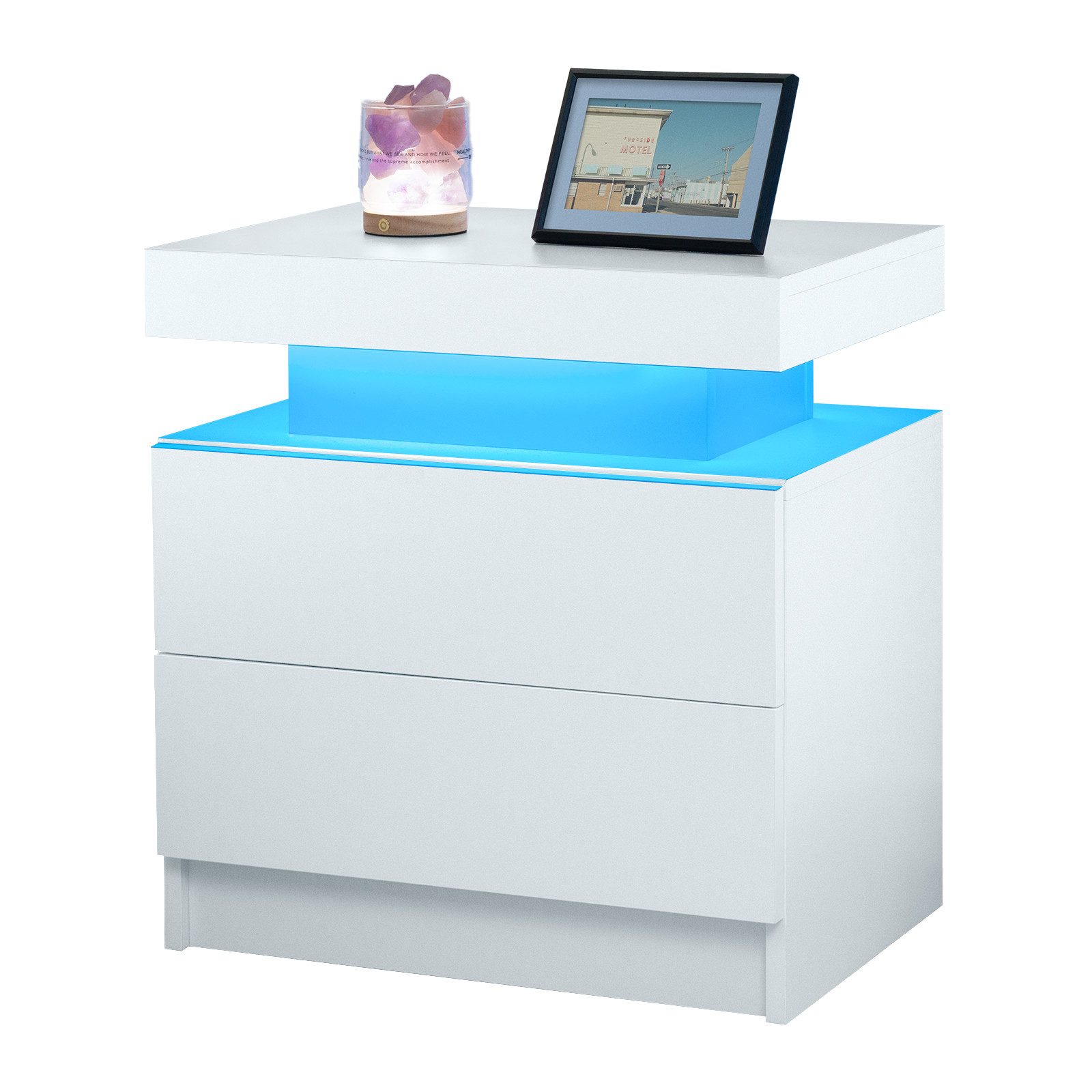 OKWISH Nachttisch LED Kommode mit 2 Schubladen, Nachtschrank Nightstand Beistelltisch (Nachtkonsole einstellbare mehrfarbige LED-Beleuchtung, großer Stauraum, mit einstellbarem LED-Licht, großem Stauraum und stilvollem Design)