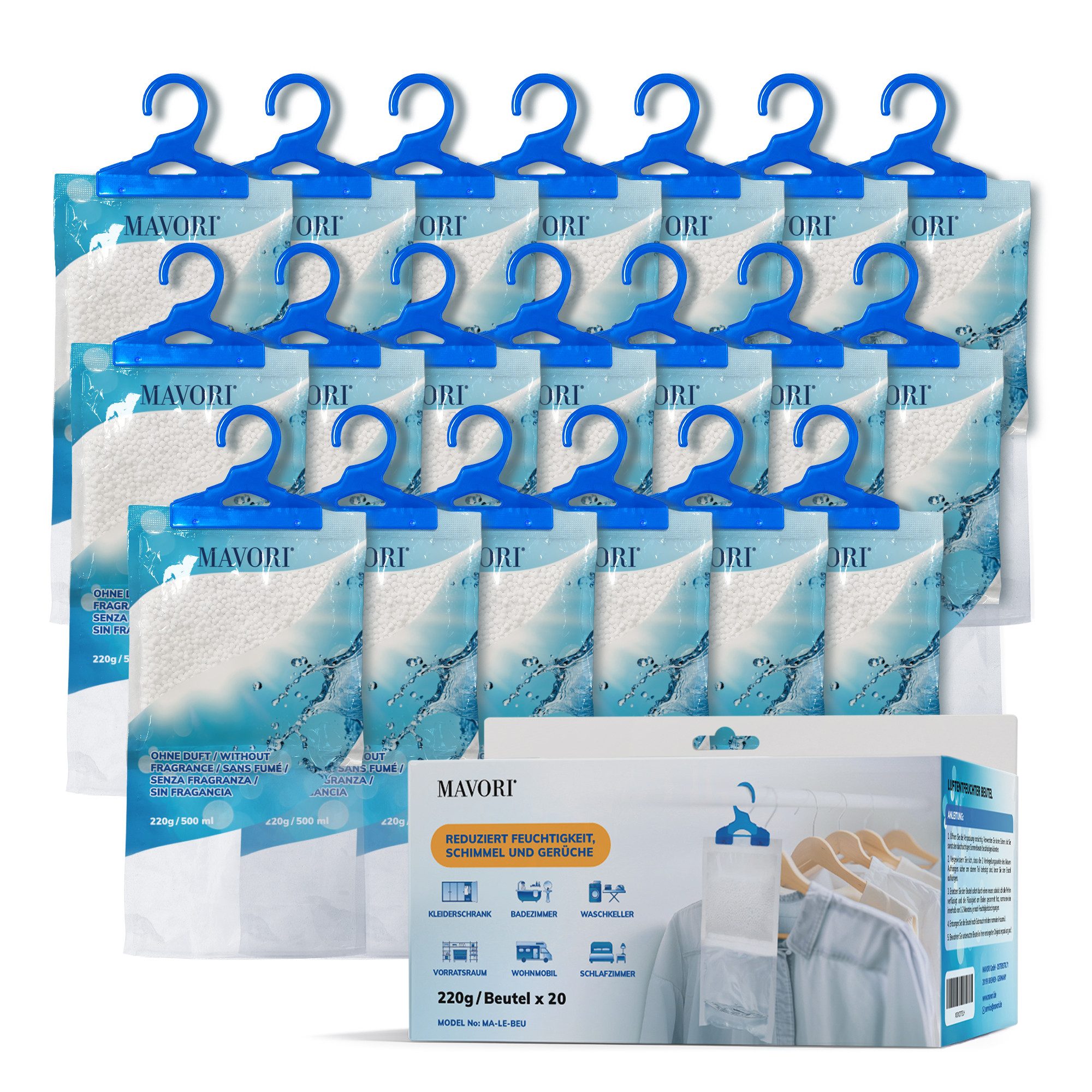 MAVORI Granulat-Luftentfeuchter, Luftentfeuchter für Schränke und Räume, im 5er - 30er Set, XL Luftentfeuchterbeutel zum Aufhängen mit 500 ml Fassungsvermögen