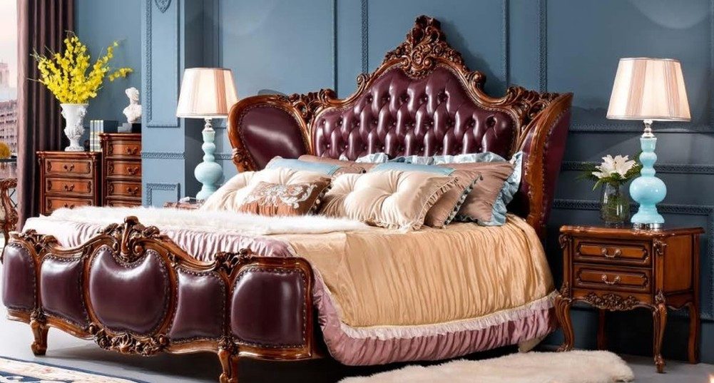 JVmoebel Polsterbett Elegantes Doppelbett aus massivem Holz in Braun mit Lederpolsterstoff