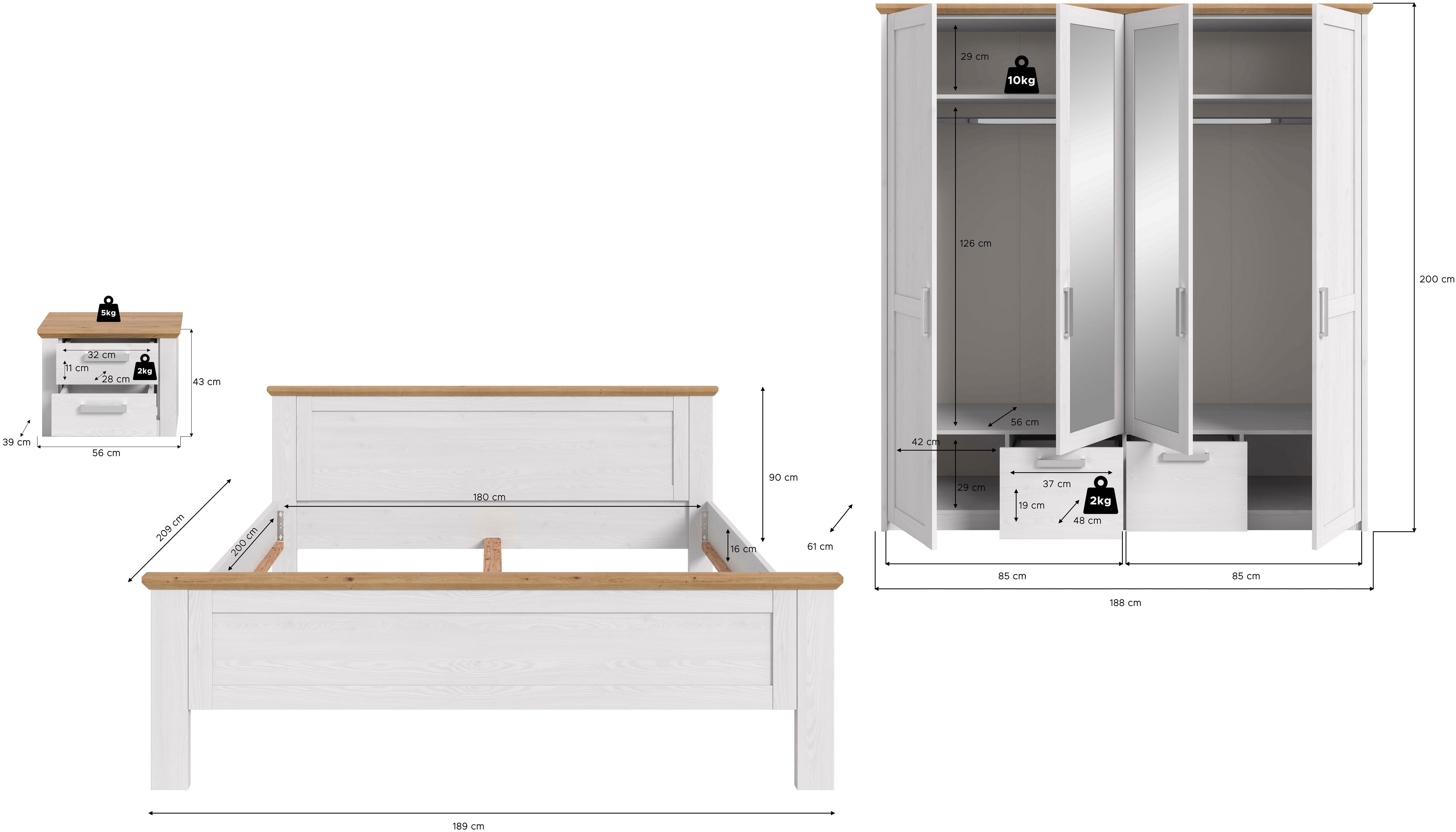 Home affaire Schlafzimmer-Set COSENZA, 3-tlg., Kleiderschrank, Bettgestell & Nachttisch, (3-tlg., Matratzengröße 180x200 cm, viel Stauraum, ohne Lattenrost & Ma – Bild 4 von 4