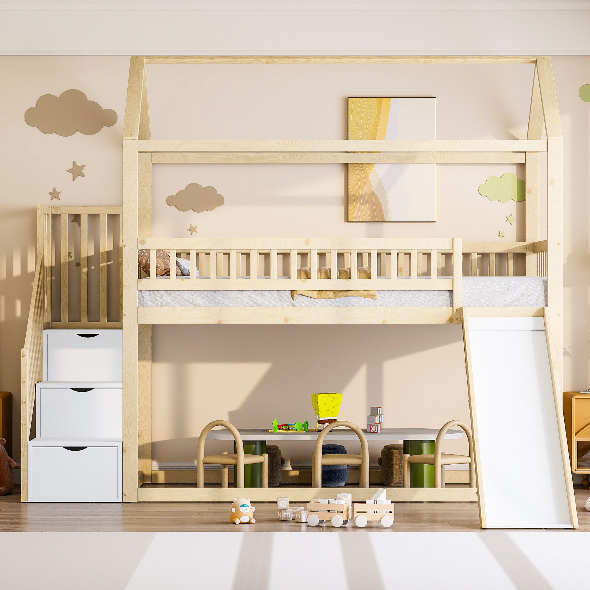Kinderbett Hochbett 90x200 mit Rutsche Lagertreppe Lattenrost