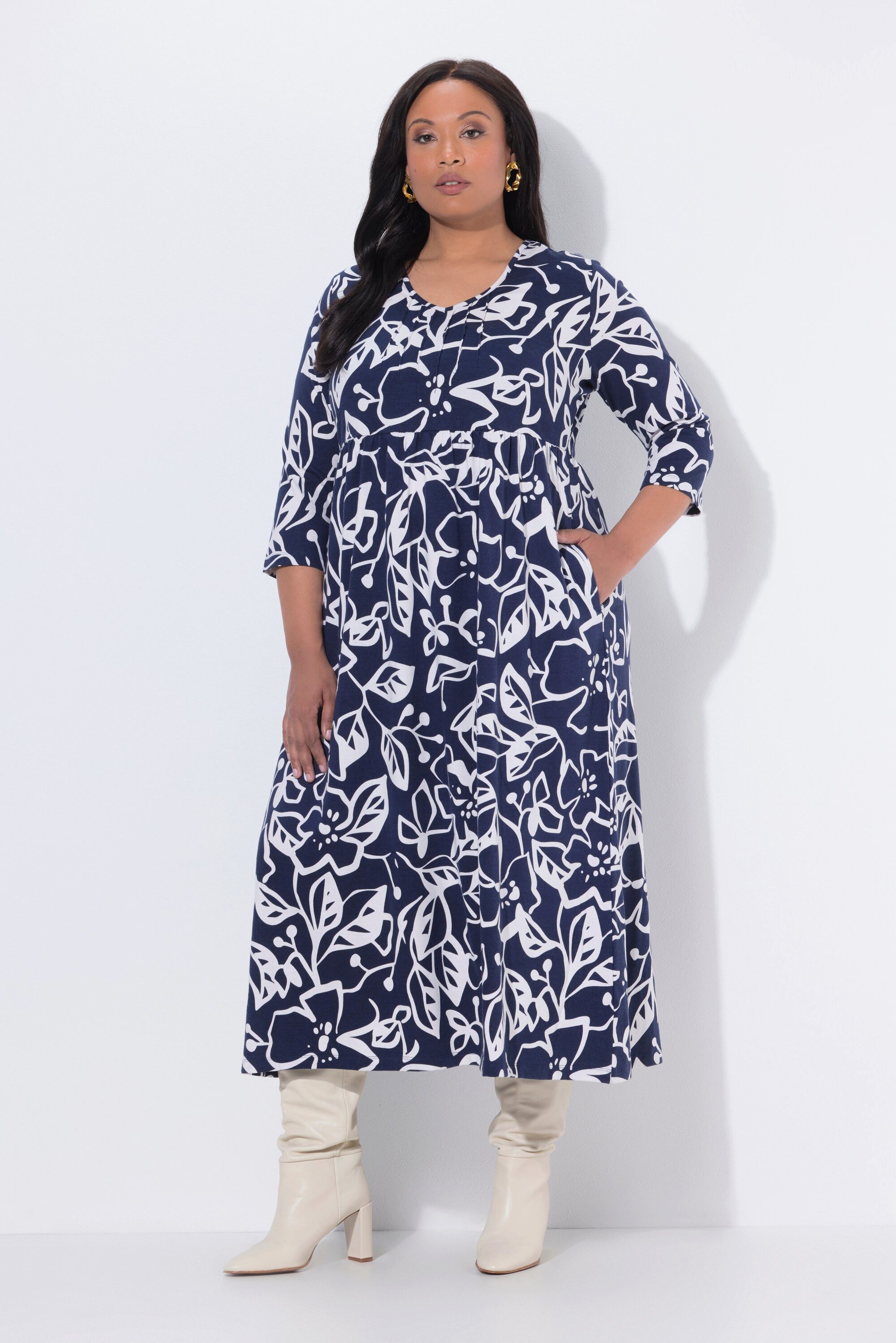 Ulla Popken Maxikleid Maxikleid Blüten A-Linie V-Ausschnitt 3/4-Arm günstig online kaufen