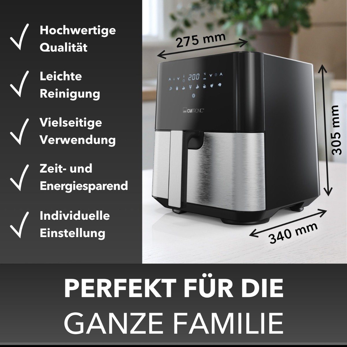 CLATRONIC Heißluftfritteuse FR 3782 H, XXL 5L, 360° Air-Flow, 8 Programme, 1450W