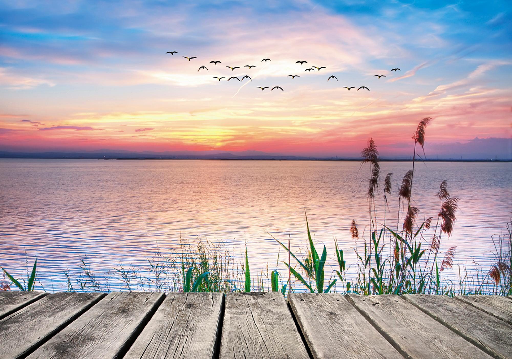 Leinwandbild 120x80cm auf Keilrahmen Wasser,Boot,Natur,frei,Sonnenuntergang,blau 
