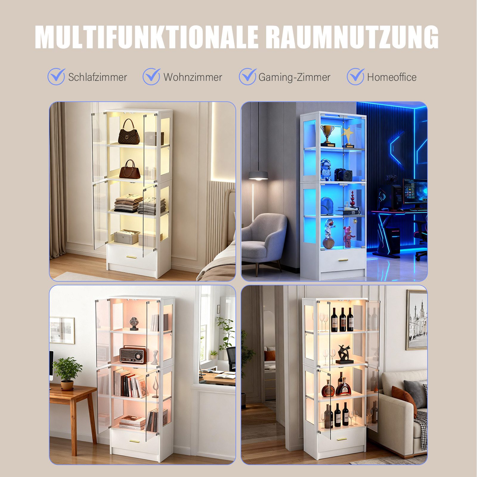 oyajia Standvitrine Glasvitrine mit LED-Beleuchtung und Schubladen (Standregal Schrank Vitrine, 1-St., mit verstellbaren Fachböden) Wohnzimmerschrank mit Glastüren und Stauraum, H:170cm
