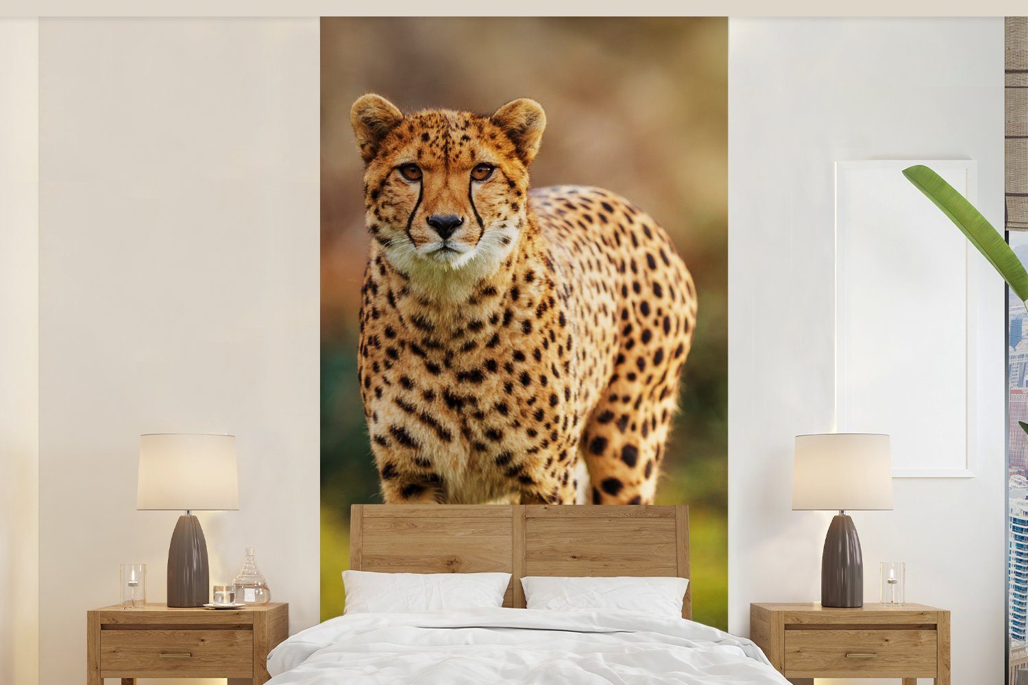 MuchoWow Fototapete Wildtiere - Gras - Leopard - Natur, Matt, bedruckt, (2 St), Vliestapete für Wohnzimmer Schlafzimmer Küche, Fototapete