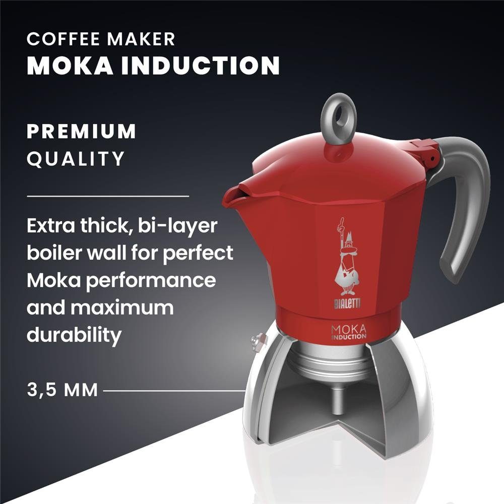 für / Induktion 4 Moka Aluminium Herd Tassen, und für New BIALETTI 0,15l Camping, vier Rot Espressokocher Kaffeekanne, aus Kaffeemaschine, Kaffeekocher, für Tassen, Stahl, geeignet,