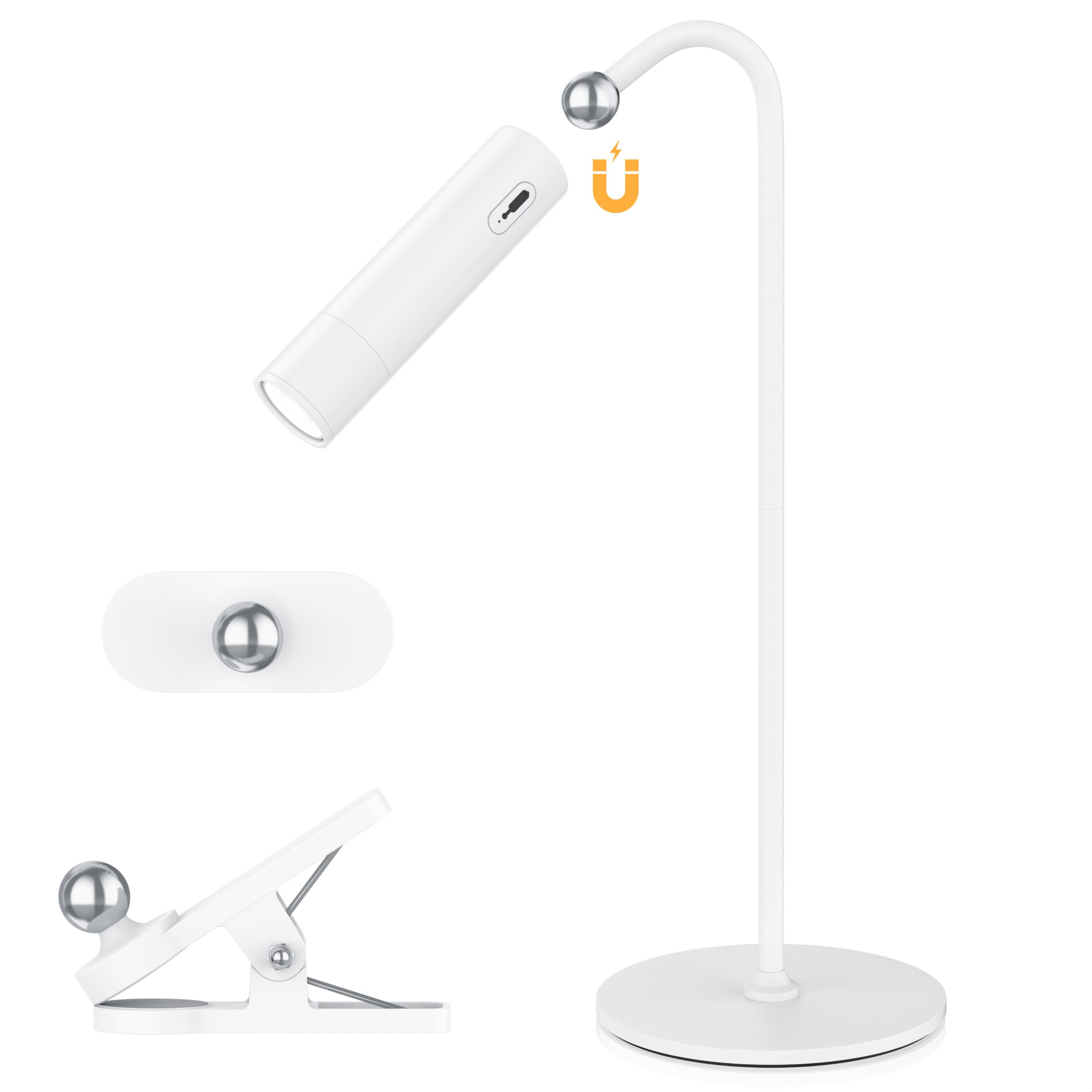 BEARWARE Schreibtischlampe 4in1 LED Tischlampe dimmbar, Magnethalterung, Bürolampe, Tischleuchte, mehrere Helligkeitsstufen, LED fest verbaut, warmweiß, Akku, 3 Helligkeitsstufen, Standfuß, Wandhalterung, Clip, Taschenlampe