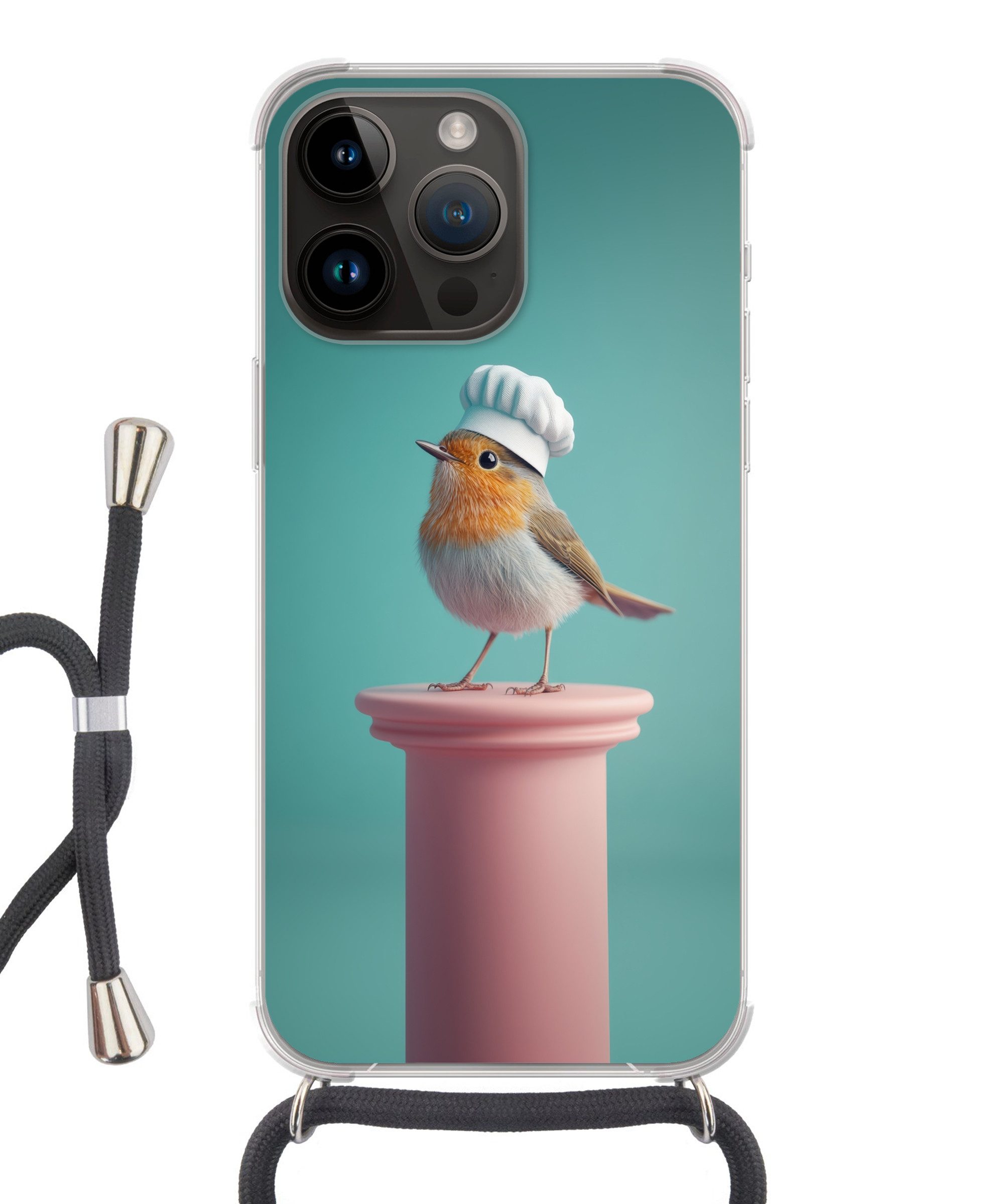 MuchoWow Handyhülle für Apple iPhone 14 Pro Rotkehlchen - Vogel - Kochmütze - Sockel, Tragbare Handyhüllen mit Kette zum umhängen, Handykette Handyband