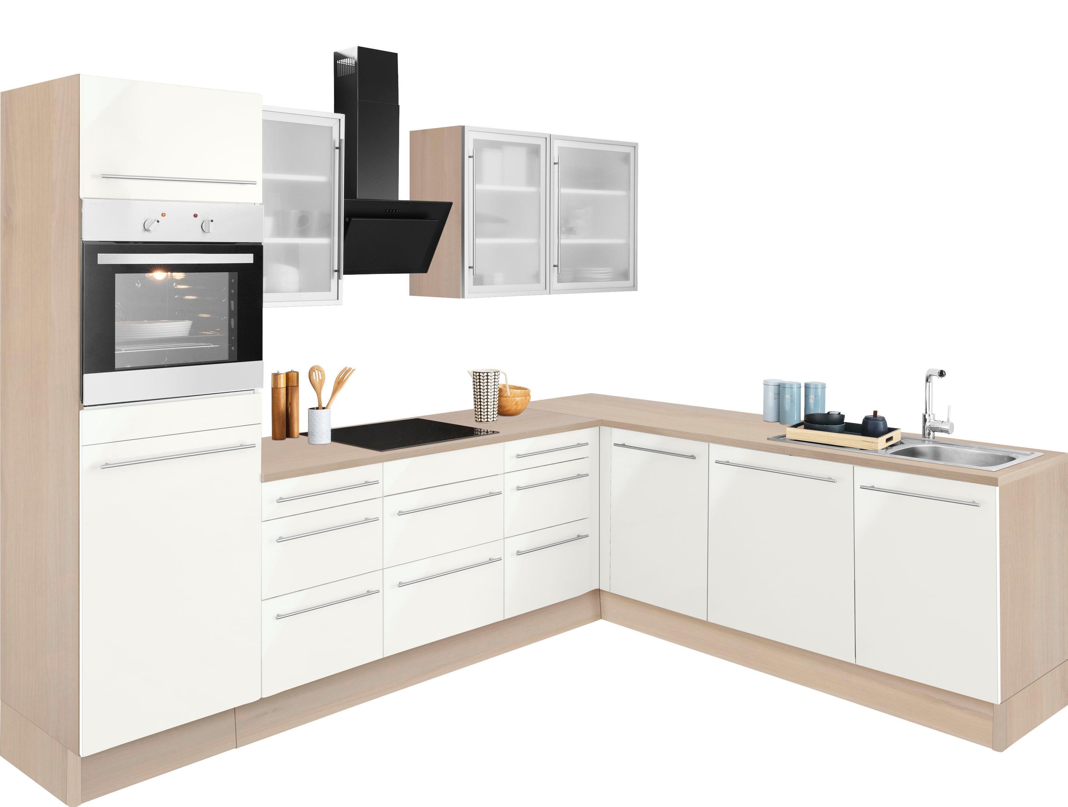 OPTIFIT Winkelküche Bern, Stellbreite 285x225 cm, wahlweise mit E-Geräten weiß Hochglanz/akazie-akazie | weiß Hochglanz | weiß