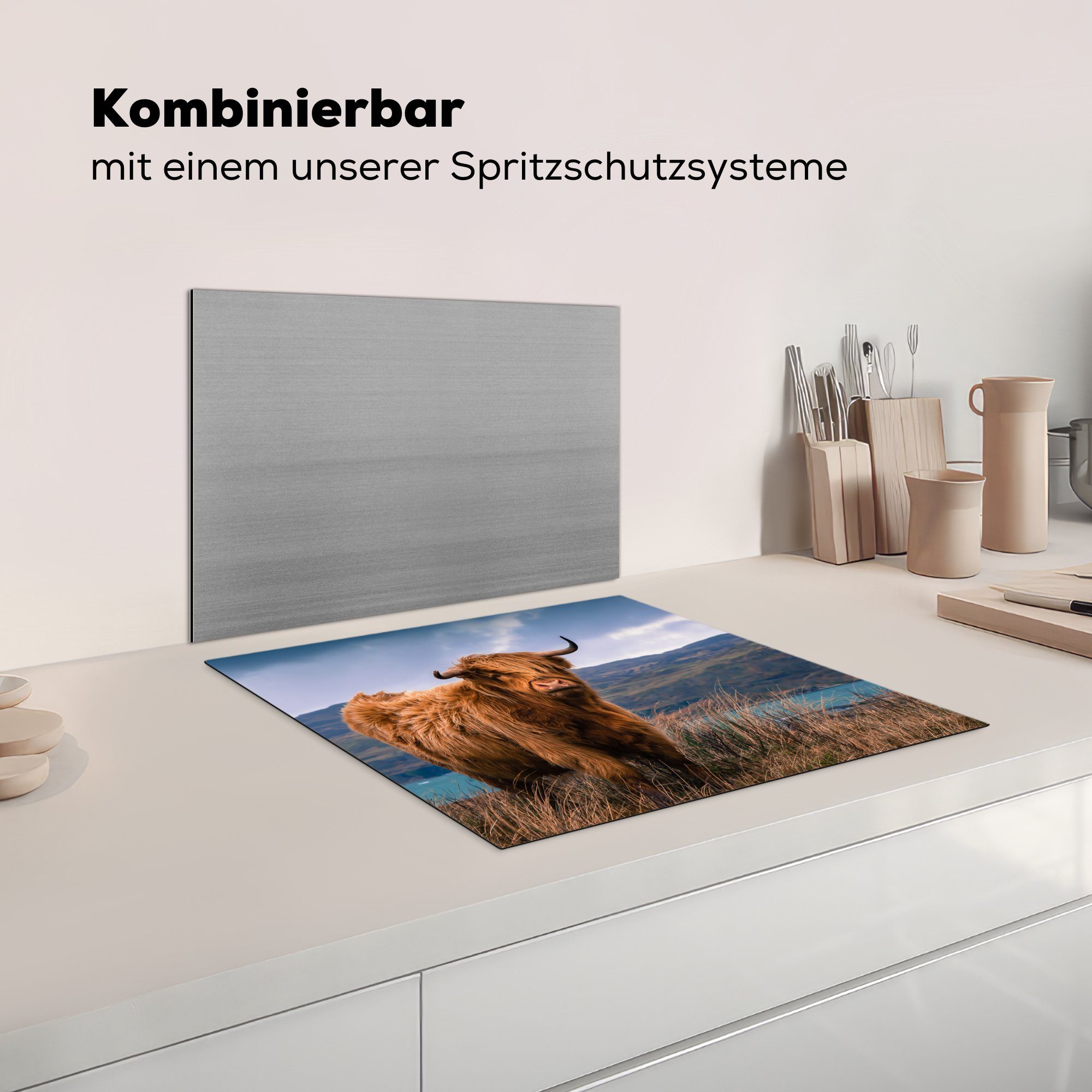 MuchoWow Herdblende-/Abdeckplatte Schottische Highlander die für cm, tlg), Himmel - - Vinyl, (1 küche, Natur, Ceranfeldabdeckung Induktionsmatte 59x52