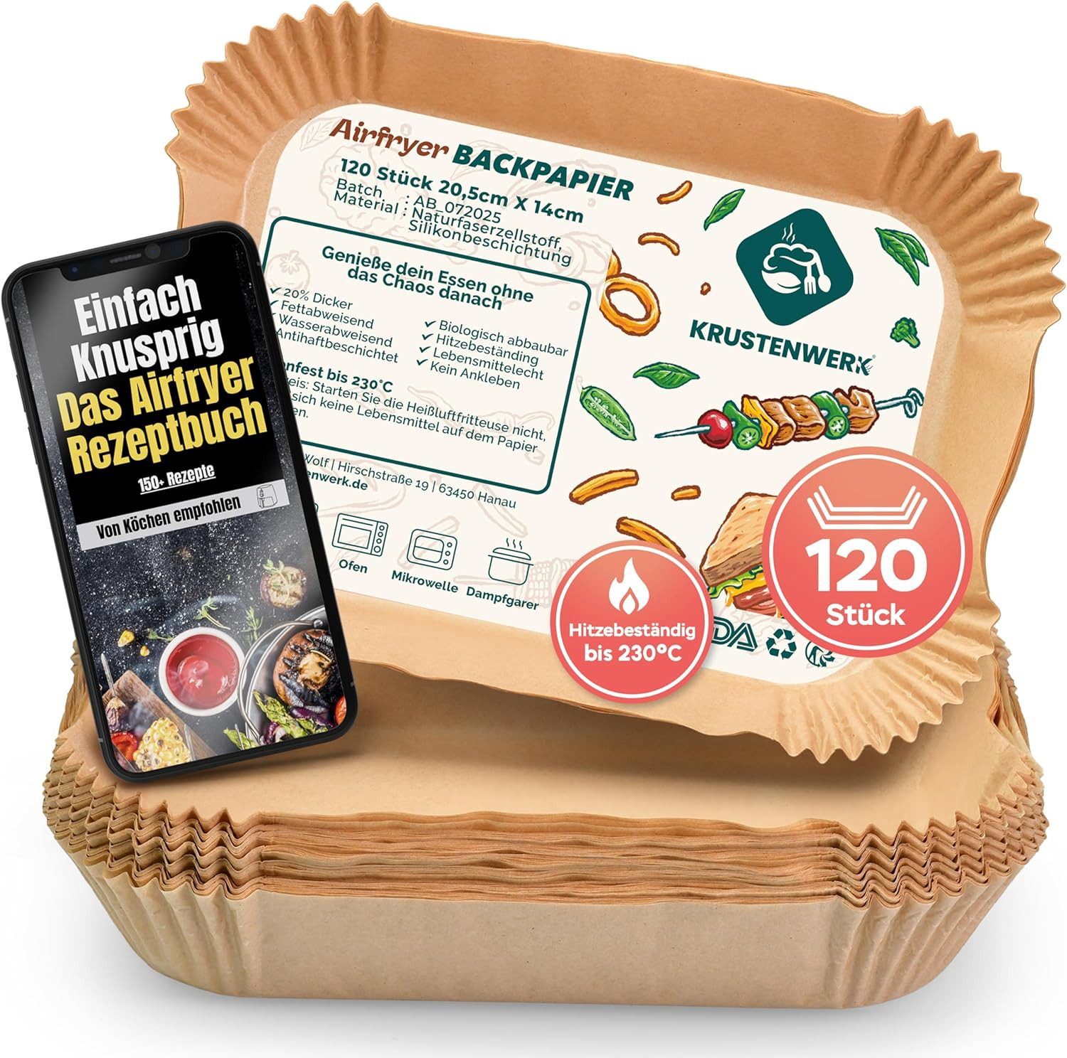 Lavea Airfry-Backblech 120x Airfryer Backpapier für Ninja inkl. eBook, Backpapier, (inkl. Rezeptbuch), Airfryer Backpapier