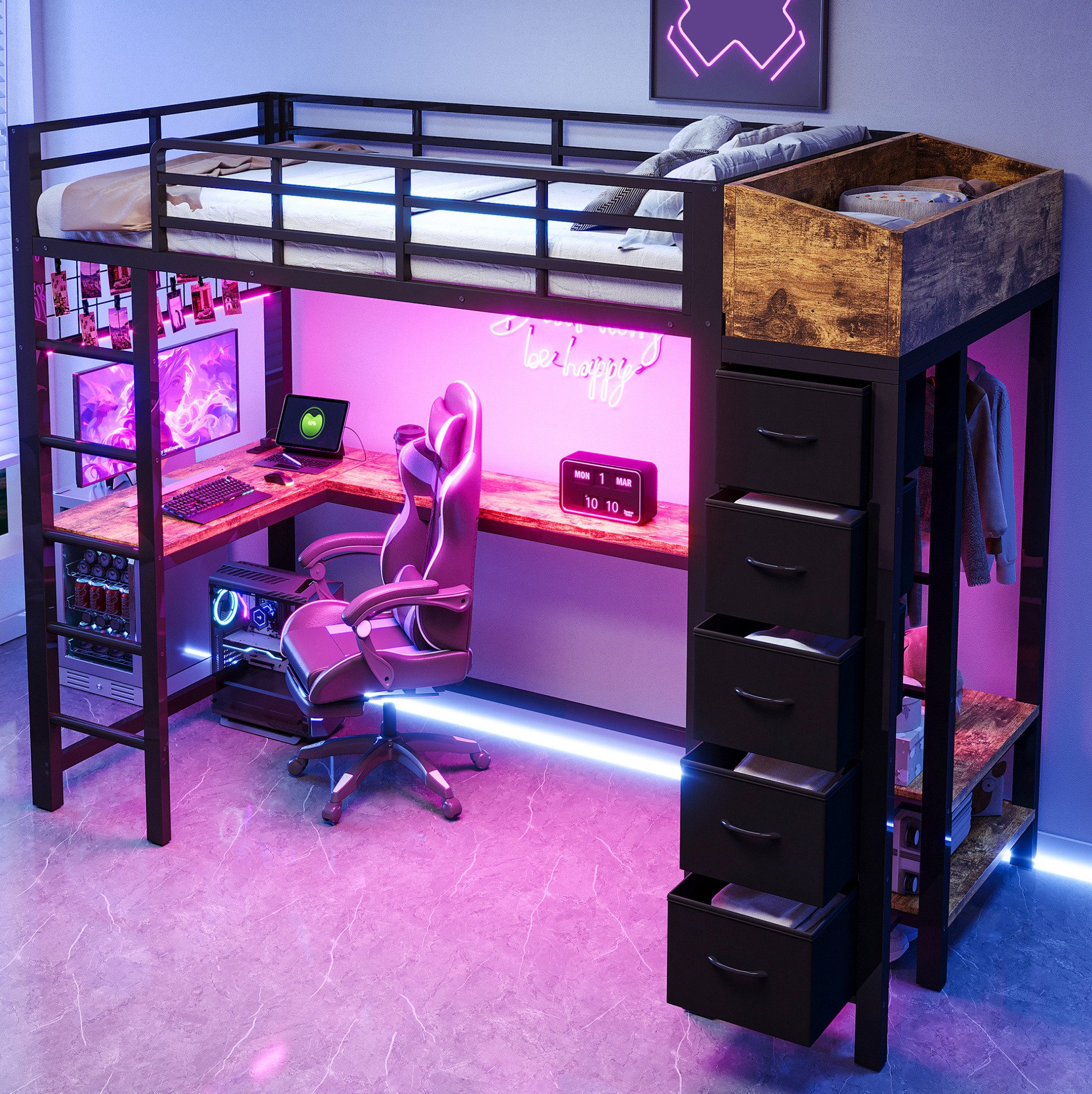 MODFU Hochbett Gaming Bett mit Schreibtisch, LED Lichtband, Metallbett Jugendbett (90x200 cm, mit USB Type-C Ladefunktion, Sicherheitsgitter und Aufbewahrungssystem) Eisenbett Kinderbett, ohne Matratze