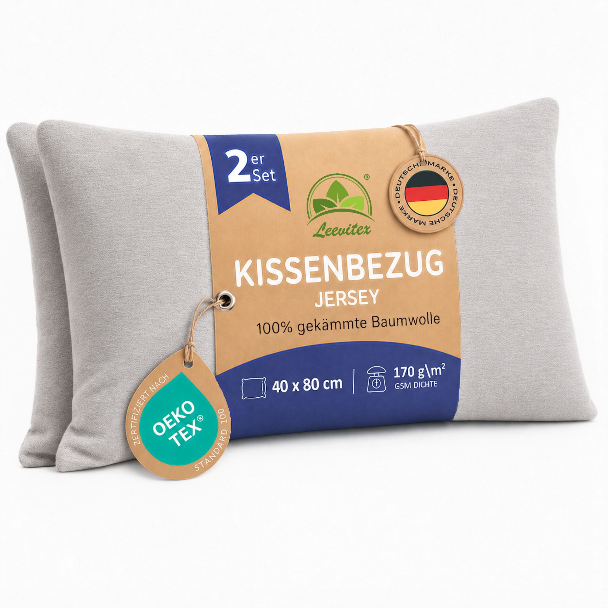 leevitex® Kissenbezüge Kissenbezug 40 x 80 cm, 2er Set, Silbergrau/Hellgrau, (2 Stück), feine Jersey-Qualität, 100% Baumwolle, robuster Reißverschluss