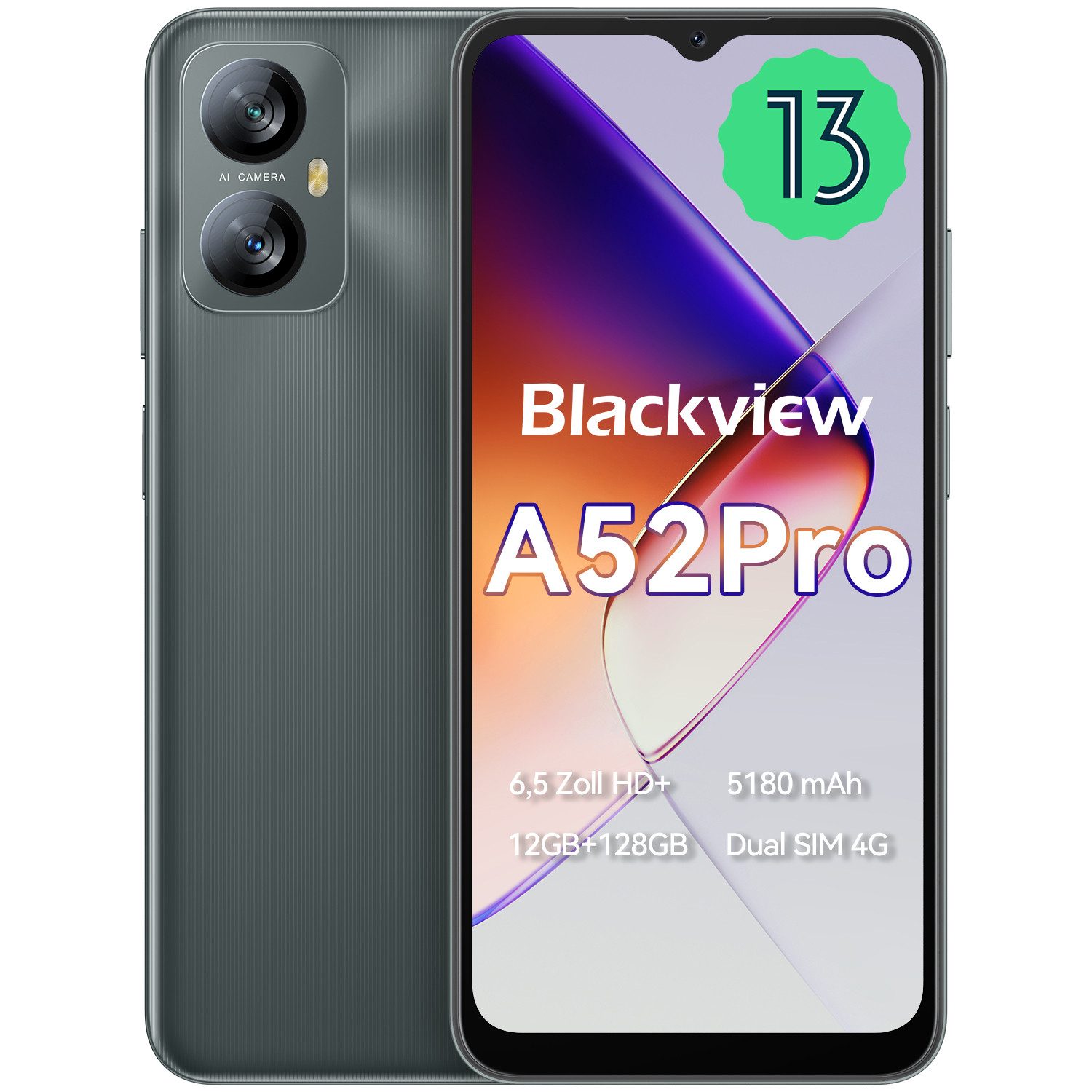 blackview A52Pro(6+128) Smartphone (6.5 Zoll, 128 GB Speicherplatz, 13 MP Kamera, Fingerabdruck, Dual SIM 4G, Android 13)