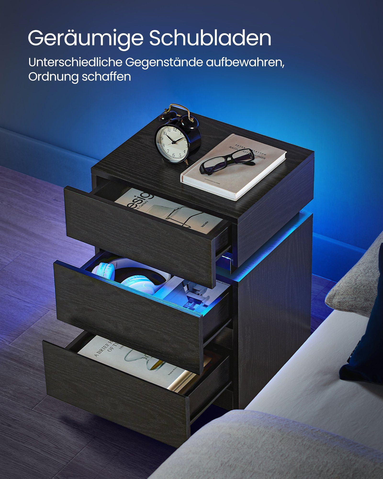 VASAGLE Nachttisch 1/2er Set Beistelltisch mit Steckdosen, 3 Schubladen (1-St), 40 x 35 x 55 cm, LED-Beleuchtung, modern, Schiebedeckel, kleiner Tisch – Bild 4 von 5