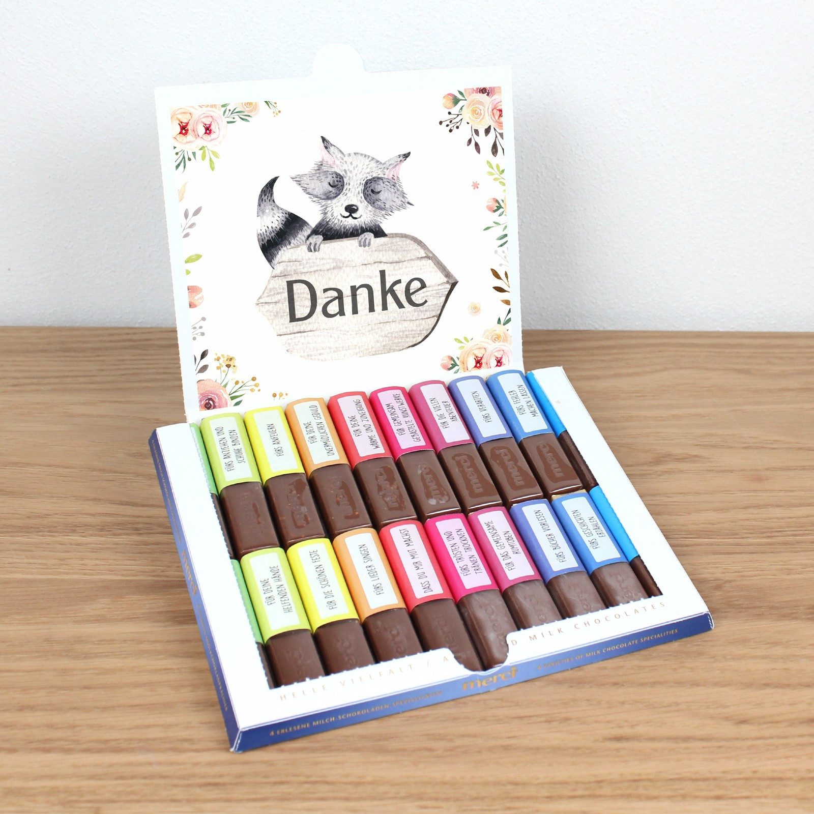 nikima Packpapier AUFKLEBER SET - Merci Danke Waschbär Abschiedsgeschenk Kita Erzieher