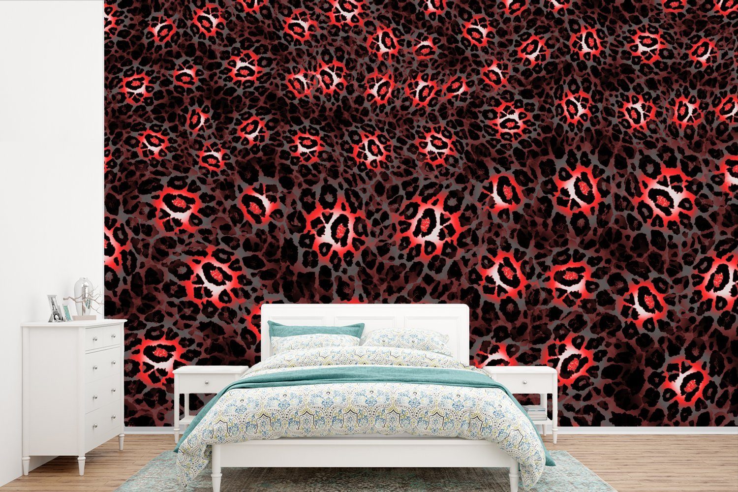 MuchoWow Fototapete Leopard - Design - Rot, Matt, bedruckt, (6 St), Wallpaper für Wohnzimmer, Schlafzimmer, Kinderzimmer, Vinyl Tapete