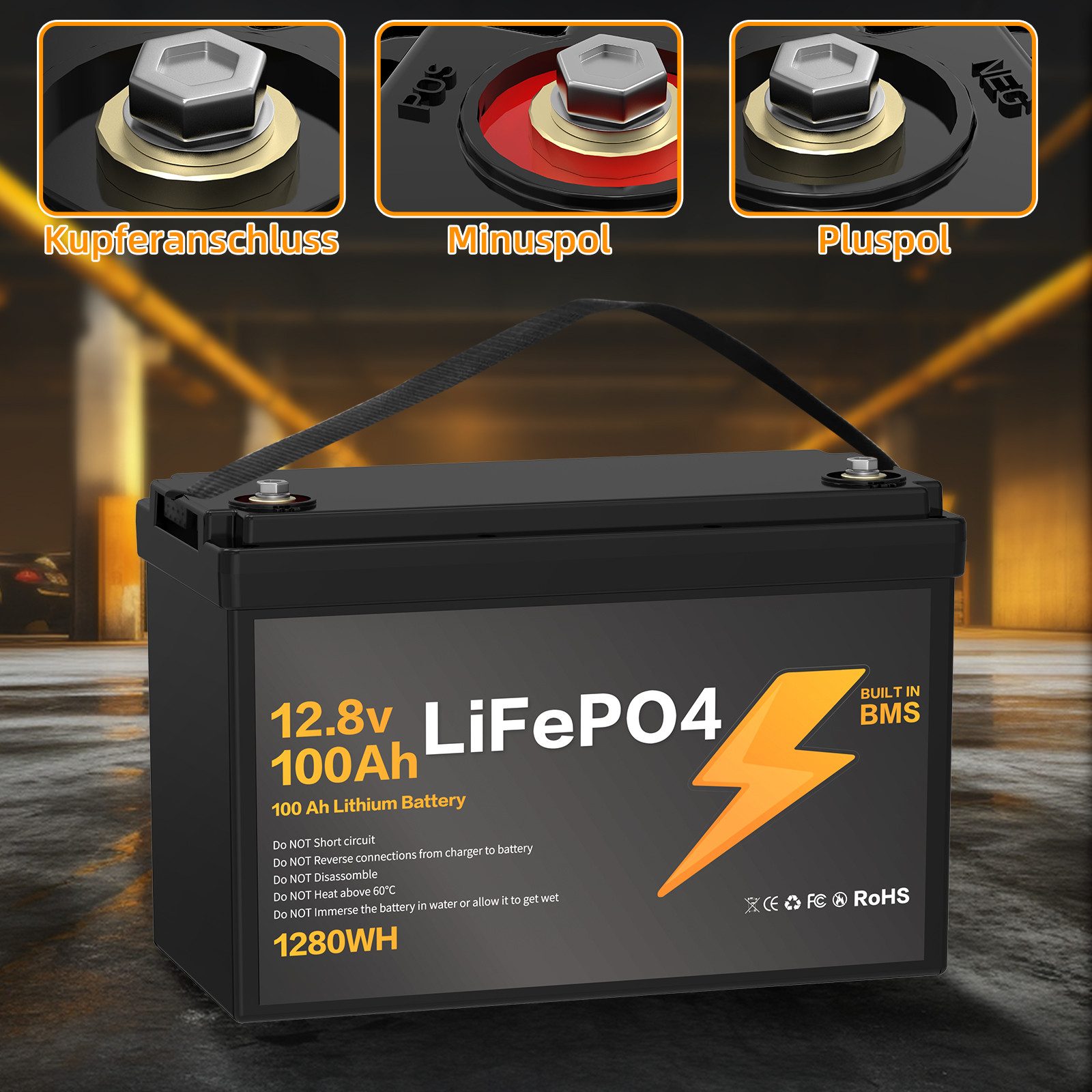 Blossom Akku 12.8V 100Ah Lithium-Batterie mit Smart BMS IP67 LiFePO4 Solarakkus (12.8 V), wasserdicht Lithium Akku 1280Wh 4000+ Zyklen für Solaranlage Camping – Bild 5 von 5