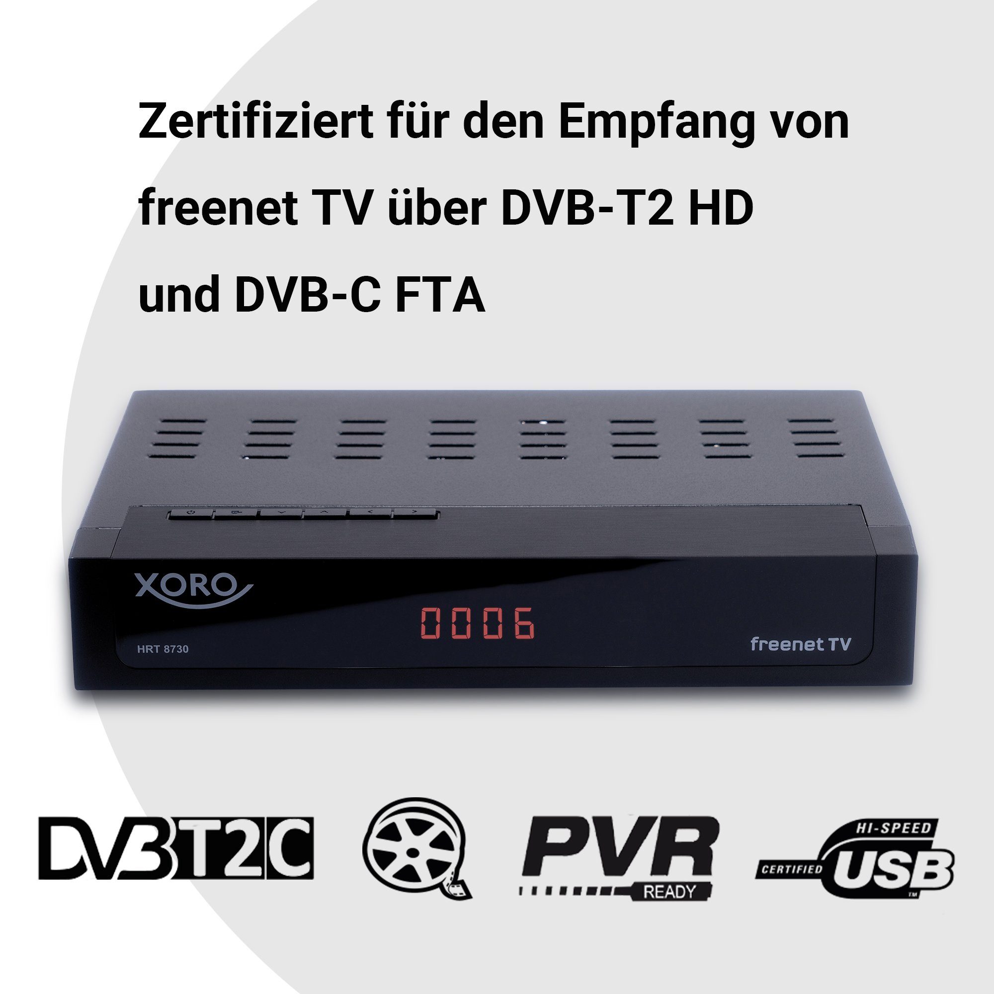 Xoro HRT 8730- DVB-T2 Freenet Receiver mit Aufnahmefunktion DVB-T2 HD Receiver (DVB‑T2/C, HEVC, Irdeto, freenet TV, PVR, Timeshift, HD‑Player, schwarz)