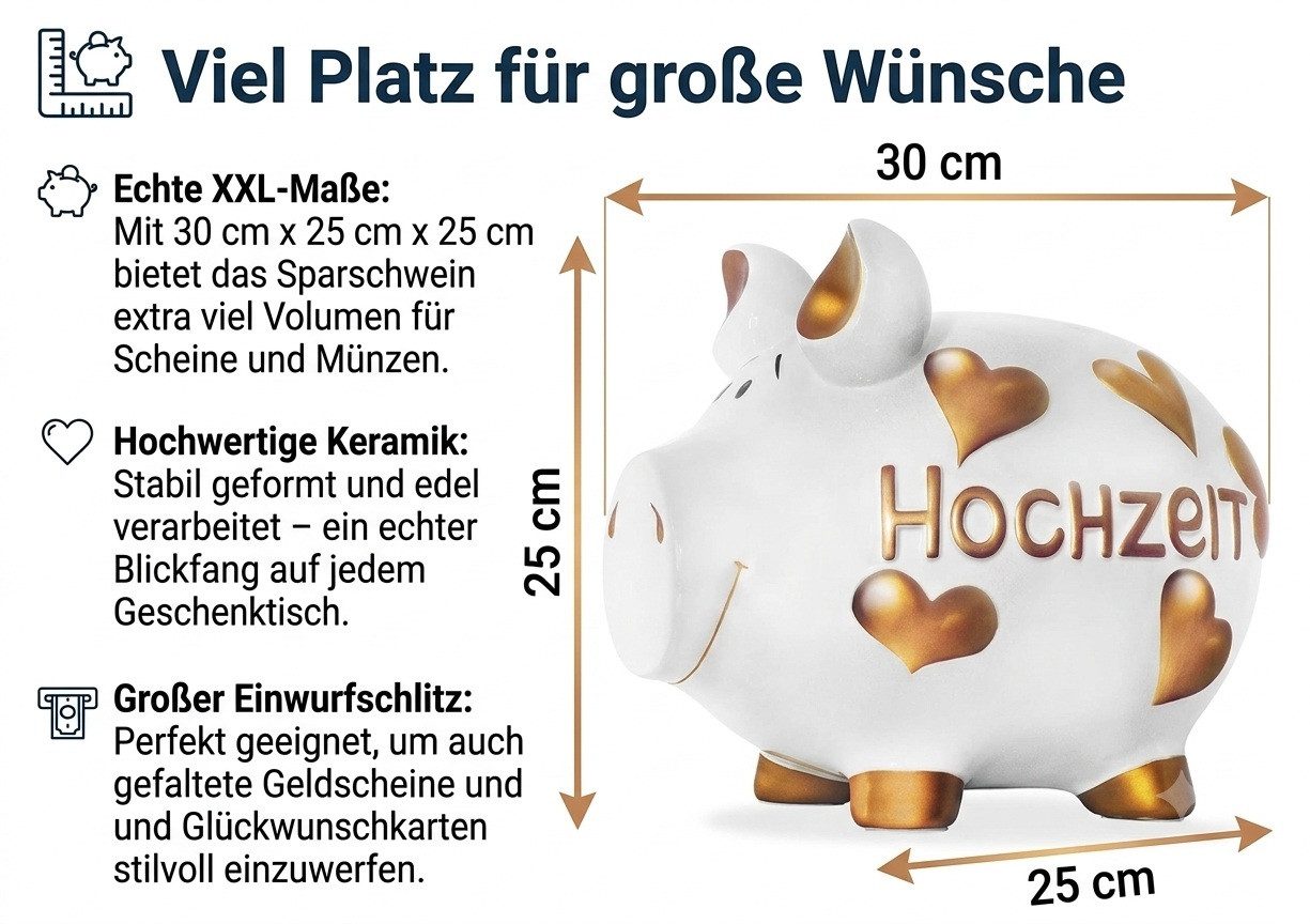Wurm Spardose Sparschwein 'Hochzeit' weiß gold (B/H/T) 30x25x25cm groß – Bild 3 von 4