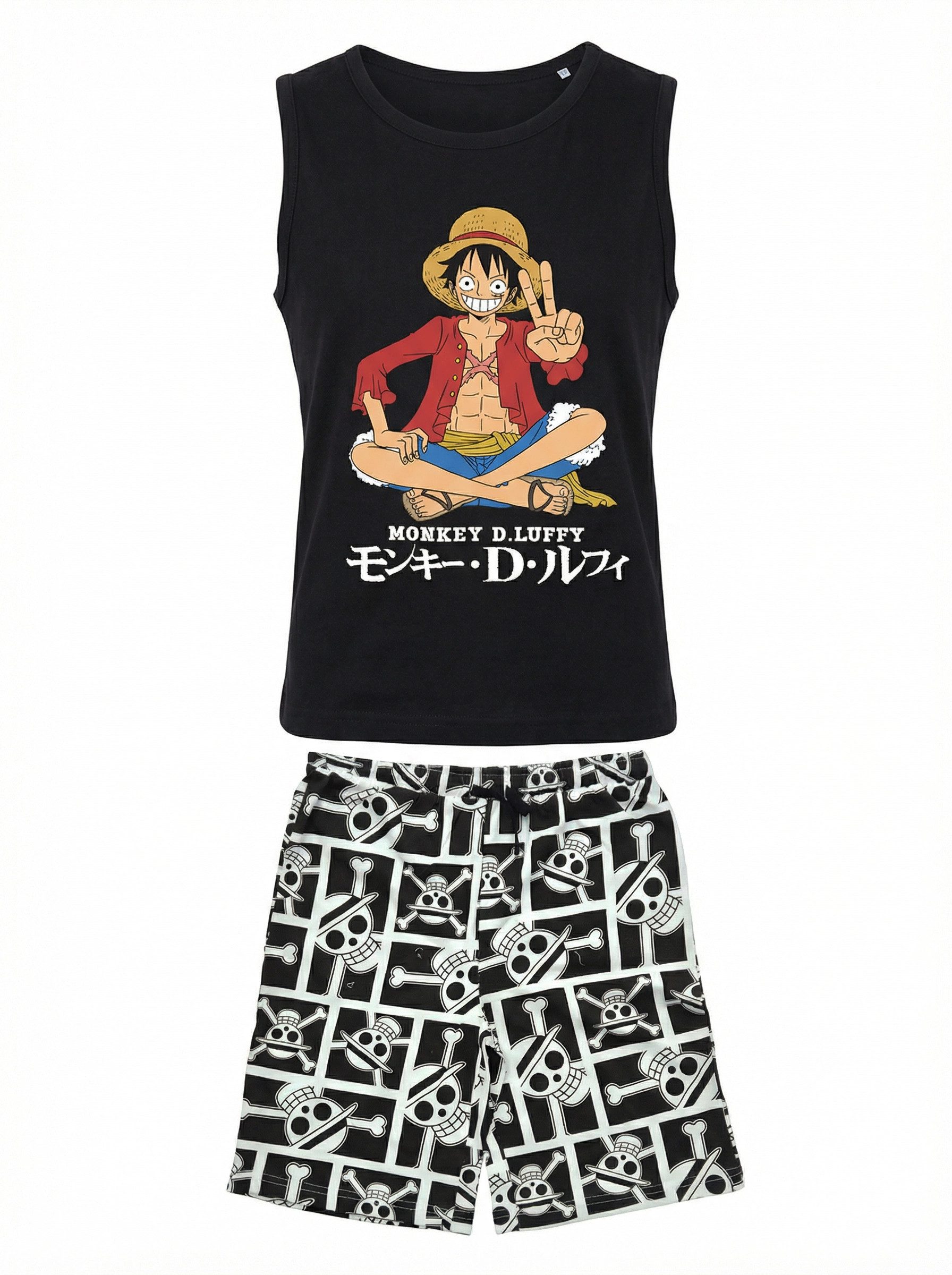 One Piece Schlafanzug Anime One Piece Ruffy Jungen Schlafanzug Pyjama Shirt Shorts (2 tlg) 100% Baumwolle, Gr. 140 bis 164