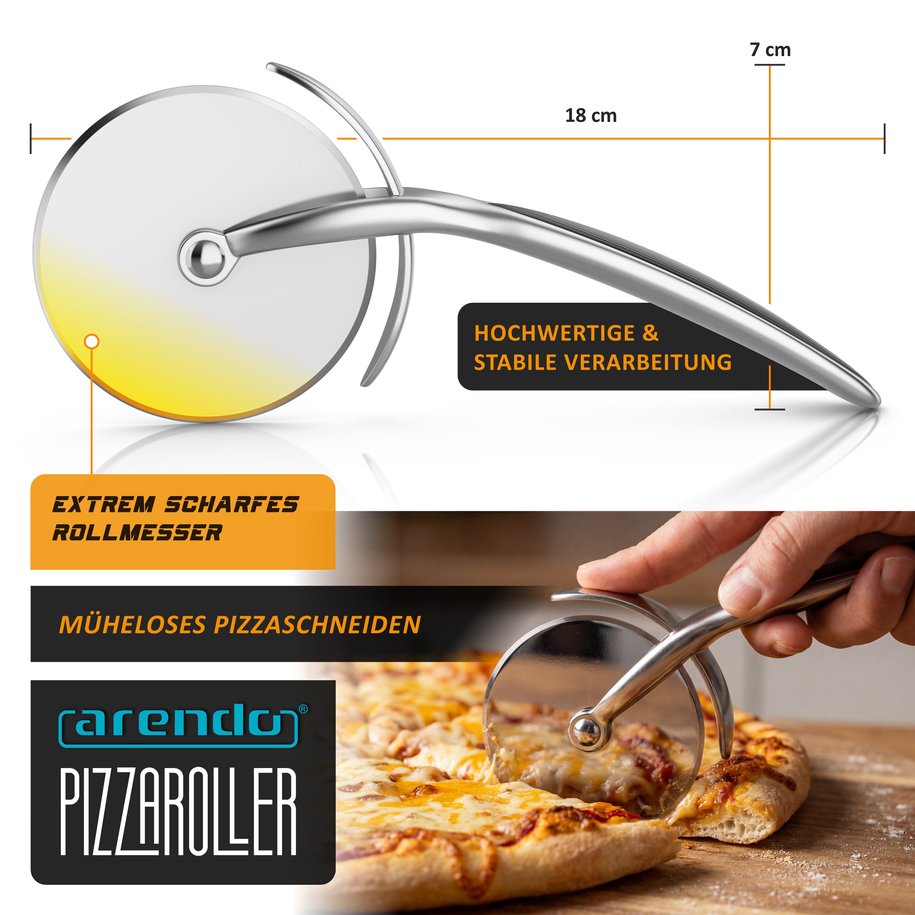 Arendo Pizzaschneider Profi Edelstahl Pizzaroller, scharfe 7cm Klinge, robust & stabil, Rostfrei, spülmaschinengeeignet, ergonomischer Griff, Pizza Cutter