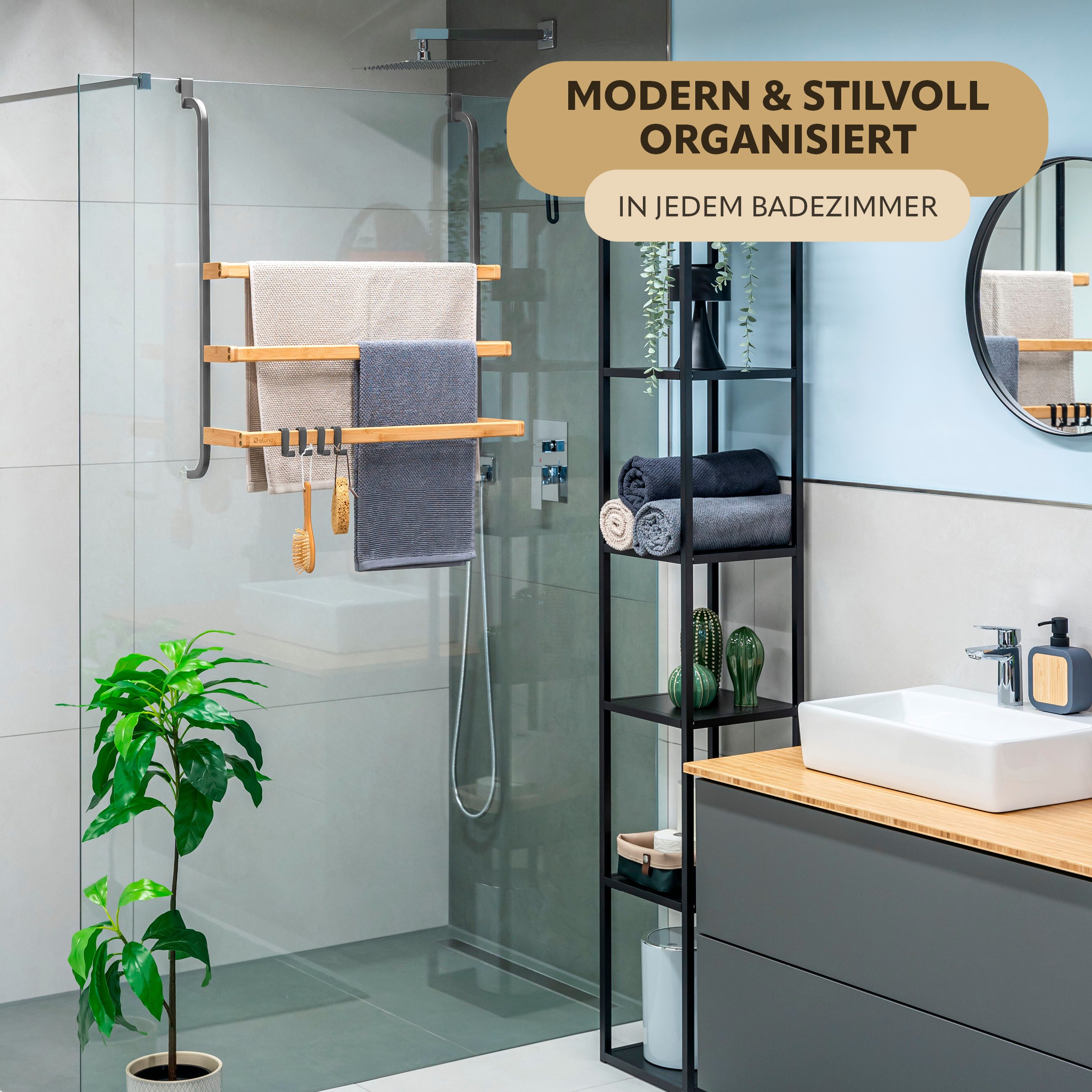 eluno Hängeregal Handtuchhalter für die Glasduschwand aus Metall und Bambus günstig online kaufen