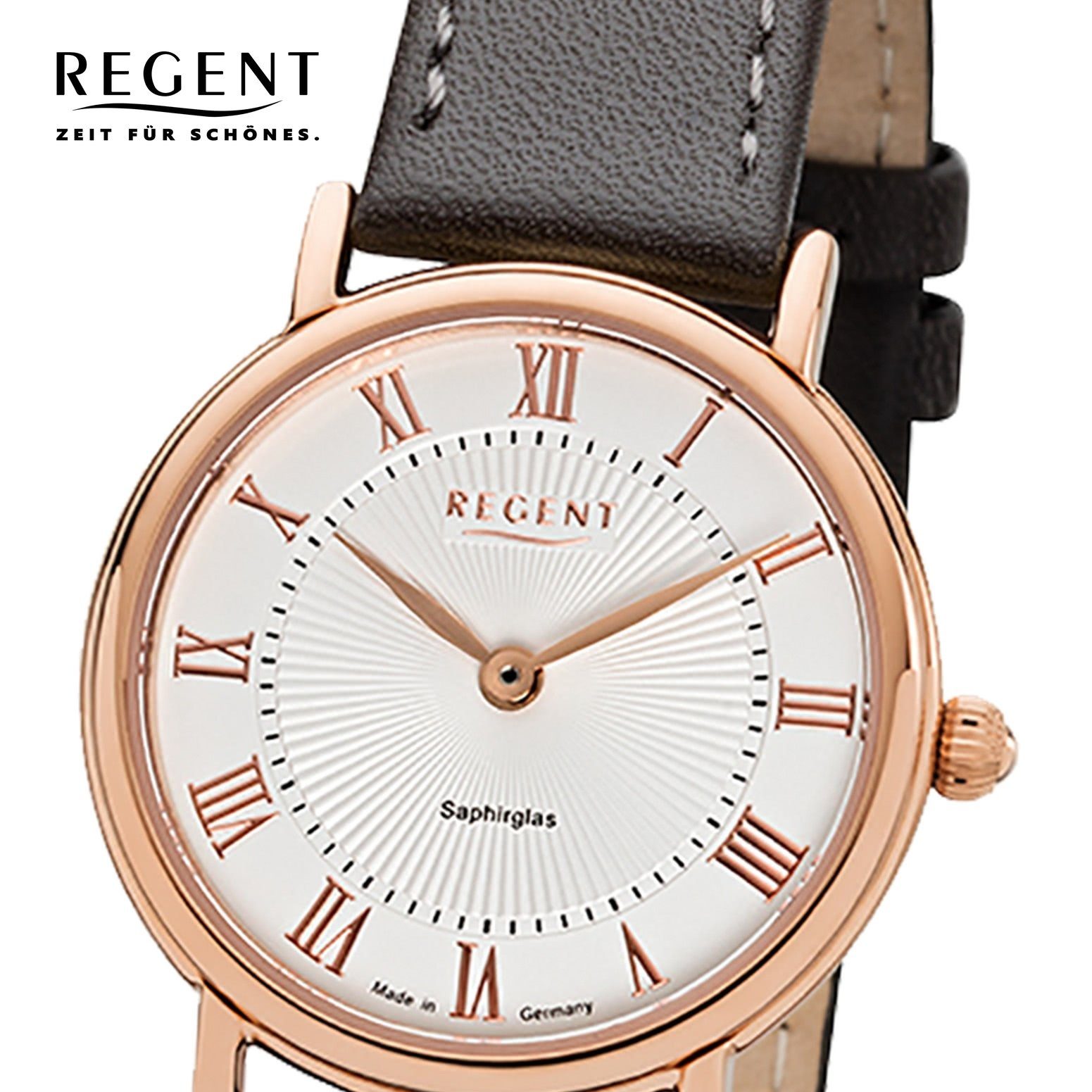28mm), Regent klein Uhr Damen Armbanduhr Regent Damen Quarzuhr Leder GM-1604 rund, (ca. Quarz, Lederarmband