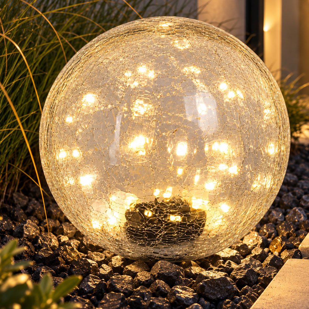etc-shop LED Kugelleuchte, LED-Leuchtmittel fest verbaut, Warmweiß, Solarlampe Steckleuchte Gartenlampe Kugel Crackle Glas LED D 25 cm