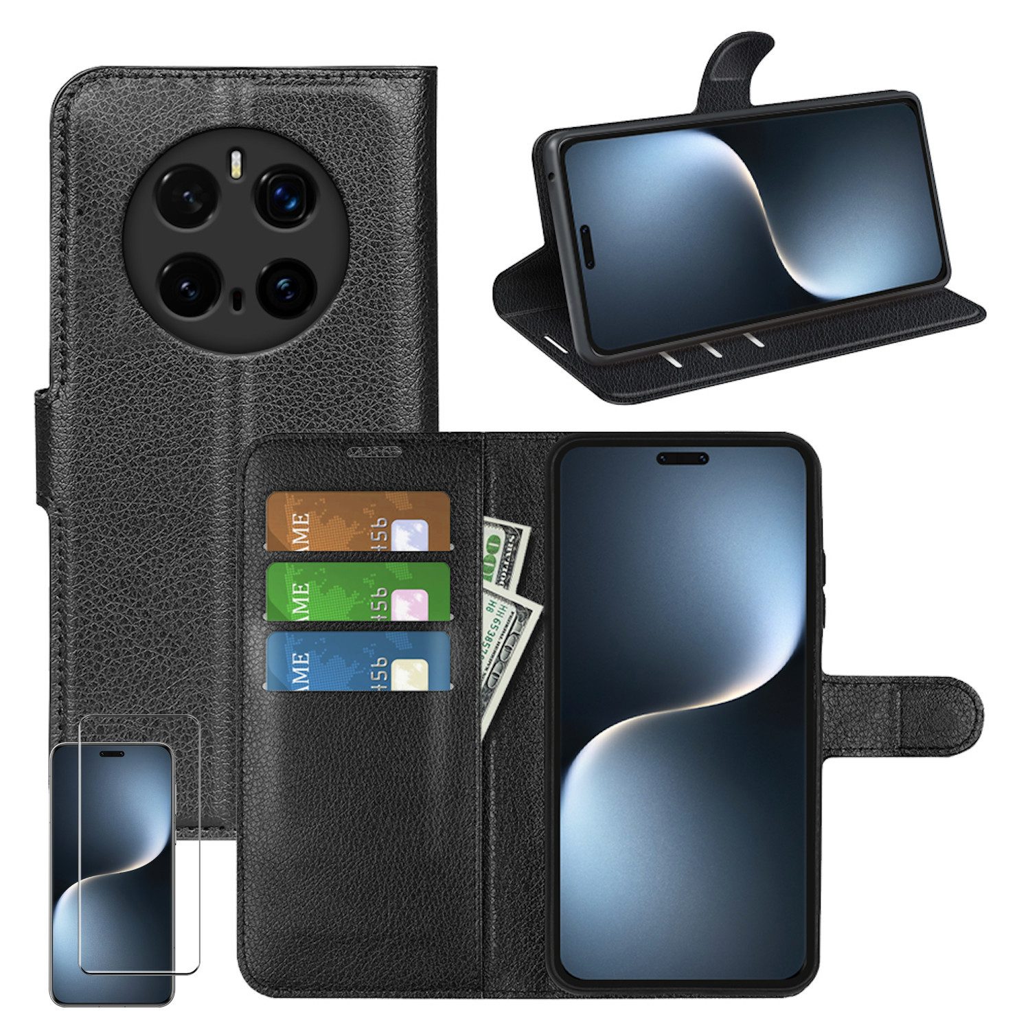 Wigento Smartphone-Hülle Für Honor Magic 7 Pro Book Wallet Tasche Schwarz + Curved Hart Glas, Produktset Kunst-Leder Tasche + 4D Curved Glas