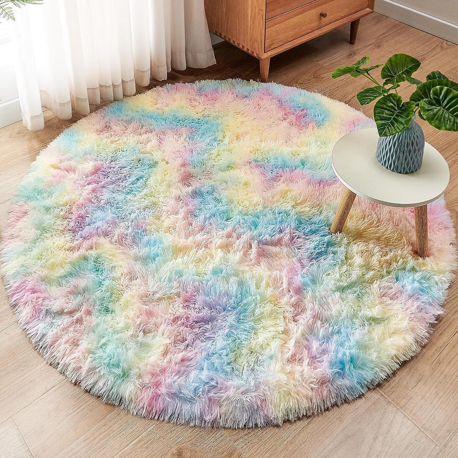 ROHATIM Kinderteppich Flauschiger Plüschteppich Rund Regenbogen 100 x 100 c günstig online kaufen
