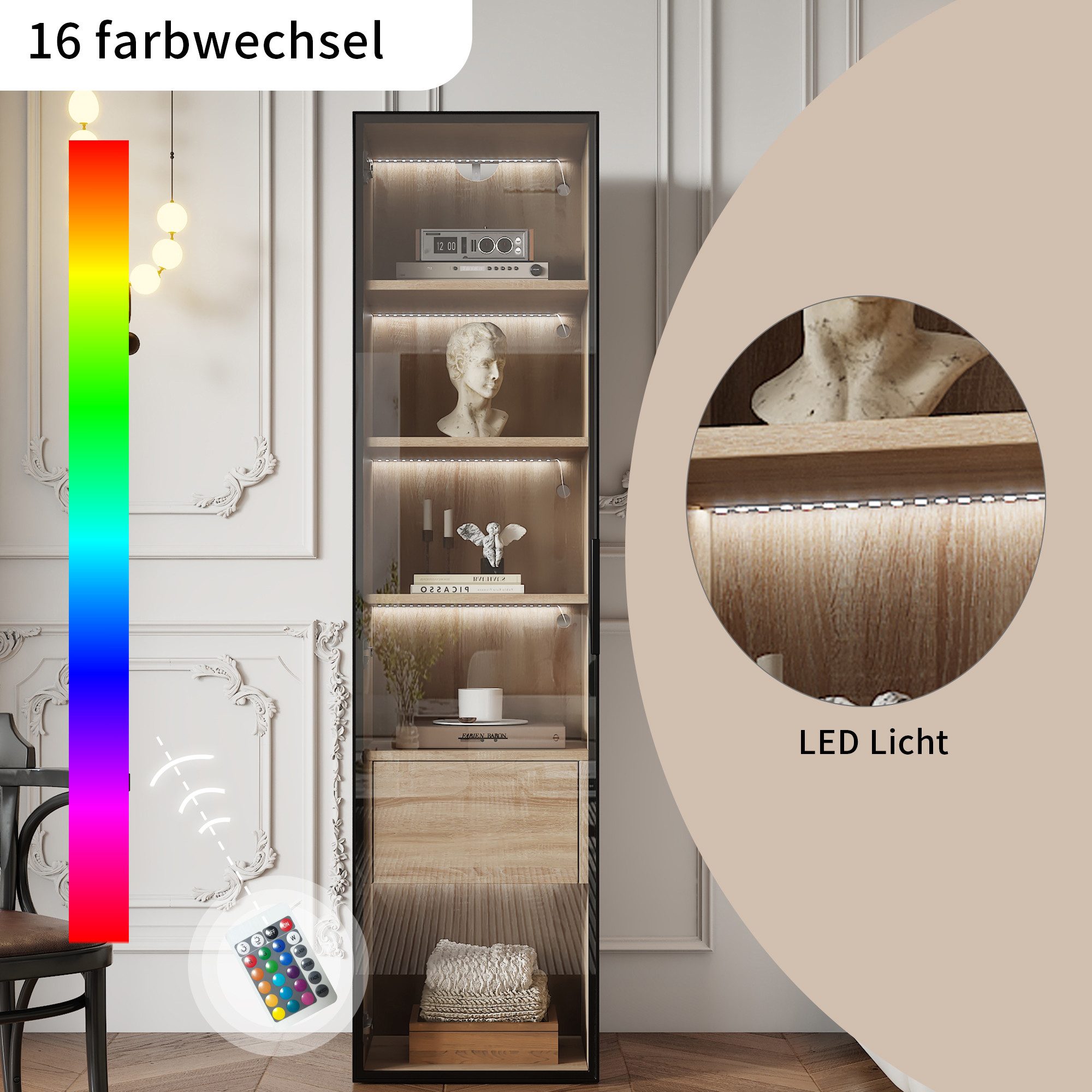 Flieks Badkommode Vitrine mit LED-Beleuchtung und 5 Fächern (1 St., B40/T34,5/H165 cm), Hochschrank mit Glastüren, Schubladen und verstellbaren Einlegeböden – Bild 5 von 5