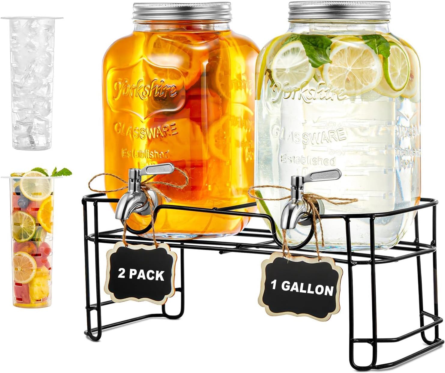 FOHERE Getränkespender für Partys, 4L, 2er-Pack, Glas-Getränkespender mit Ständer, Zapfhahn