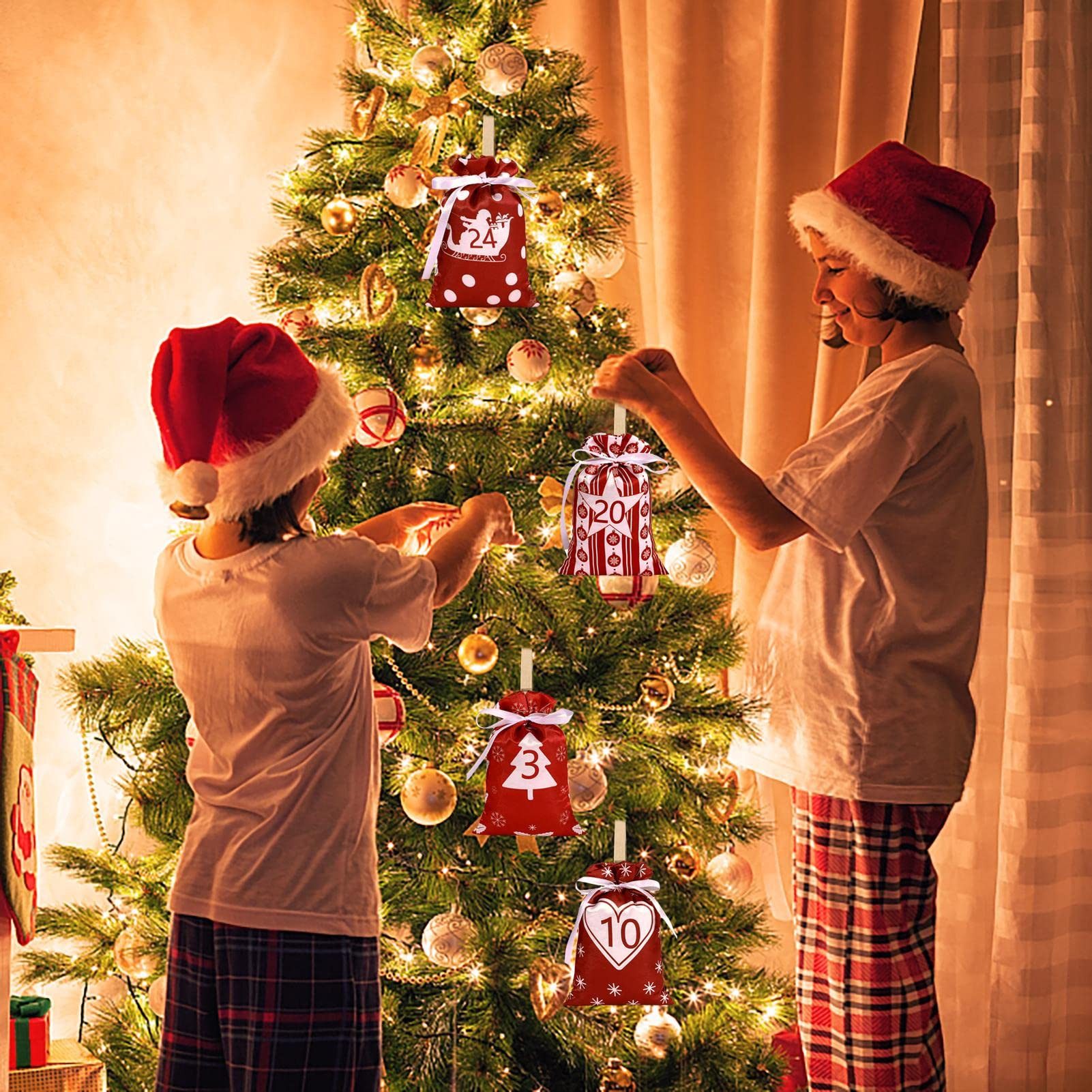 CLTYQ befüllbarer Adventskalender 24 Stück Adventskalender-Taschen,Weihnachts-Countdown-Geschenktüten, Wiederverwendbare Stoff-Geschenktüten mit Kordelzug für DIY Deko
