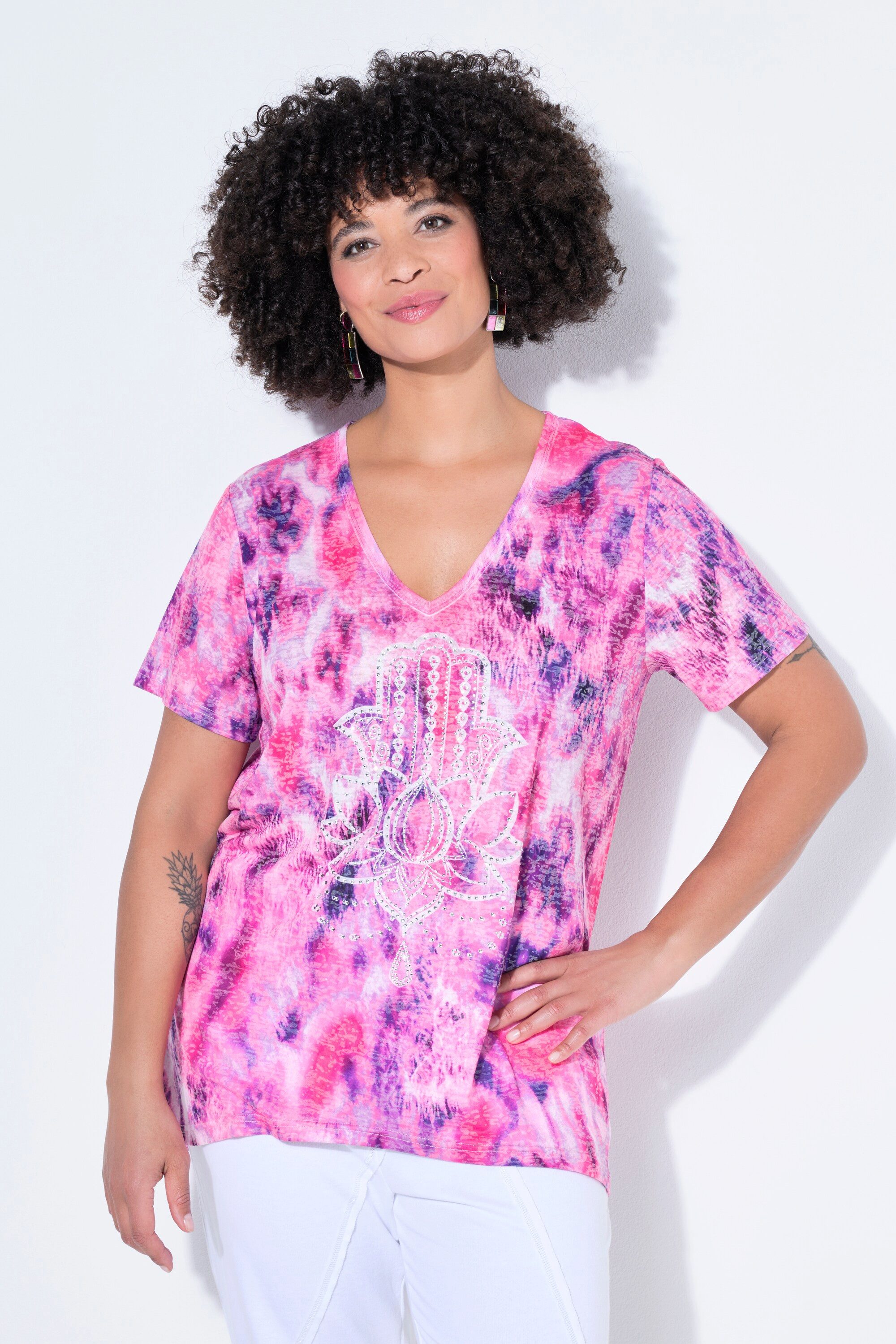 T-Shirt T-Shirt A-Linie Yoga-Motiv mit Glitzersteinchen