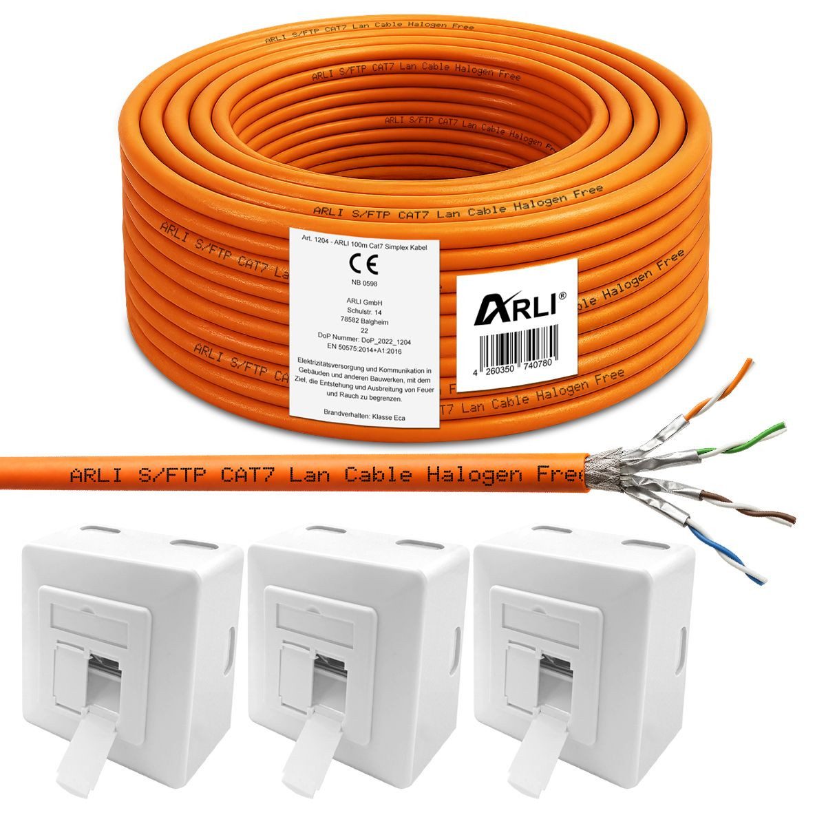 ARLI Netzwerk-Adapter, Cat7 Verlegekabel 100 m Halogenfrei Netzwerkkabel + 3x Netzwerkdose
