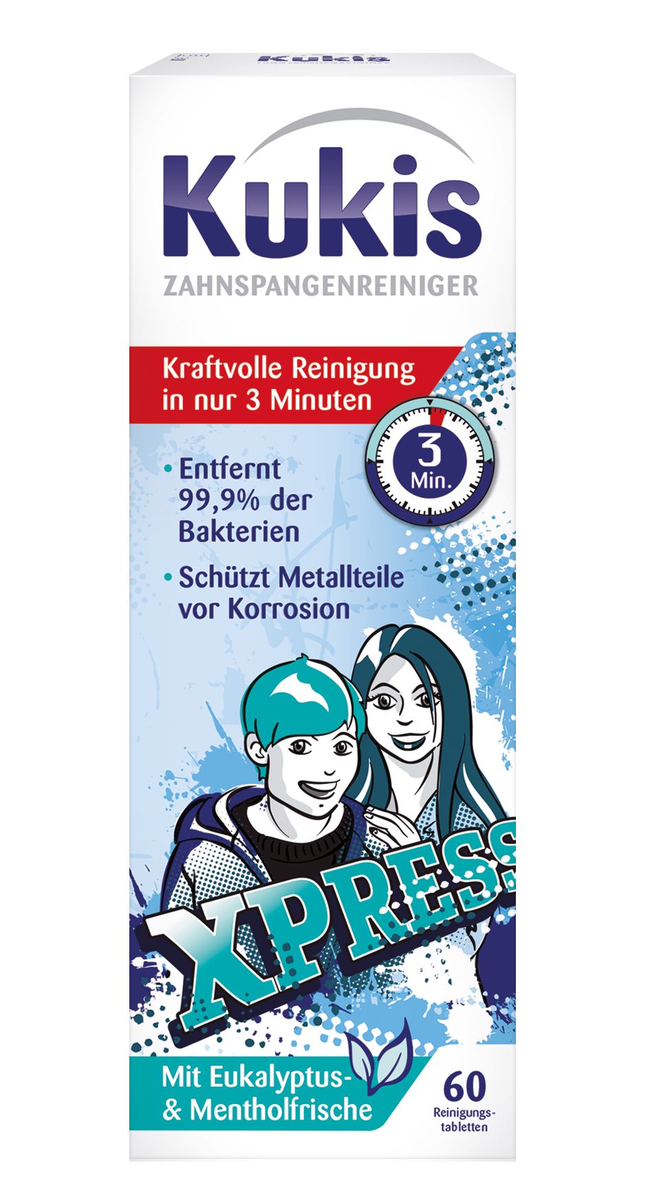 Kukident Kukis Zahnspangenreiniger Reinigungstabletten (60-St. Entfernt 99,9% der Bakterien - mit Eukalyptus- & Mentholfrische)
