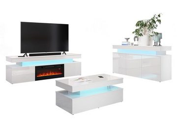MIRJAN24 Wohnzimmer-Set Glossa II, (3er-Set, Kommode, TV-Lowboard mit Kamin, Couchtisch), mit blauer LED-Beleuchtung