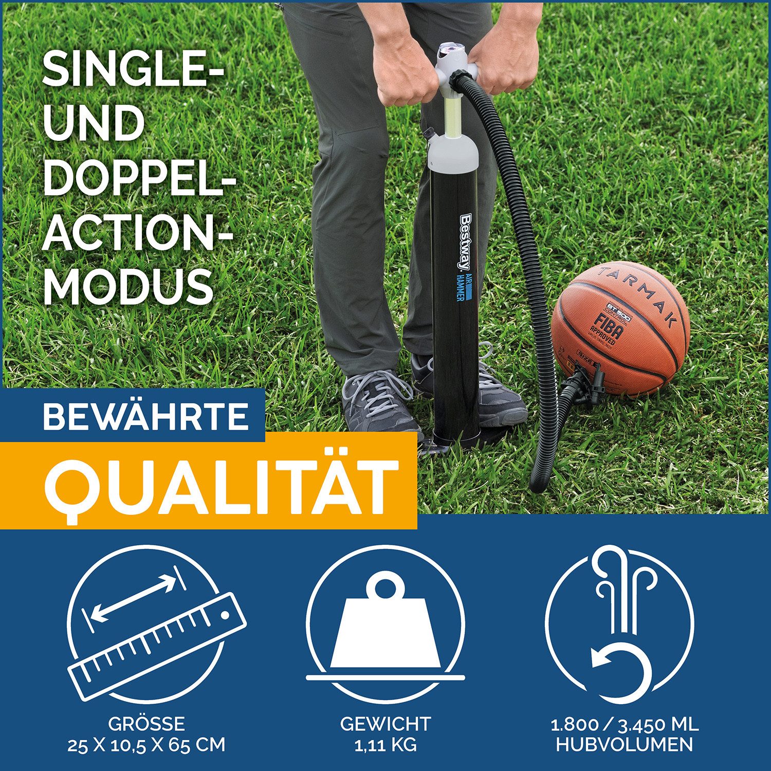 Bestway Luftpumpe Air Hammer™ (Packung, 1-tlg., 1.800 / 3.450 ml), Hubvolumen: 1.800 (1 Bewegung) / 3.450 ml (2 Bewegungen)