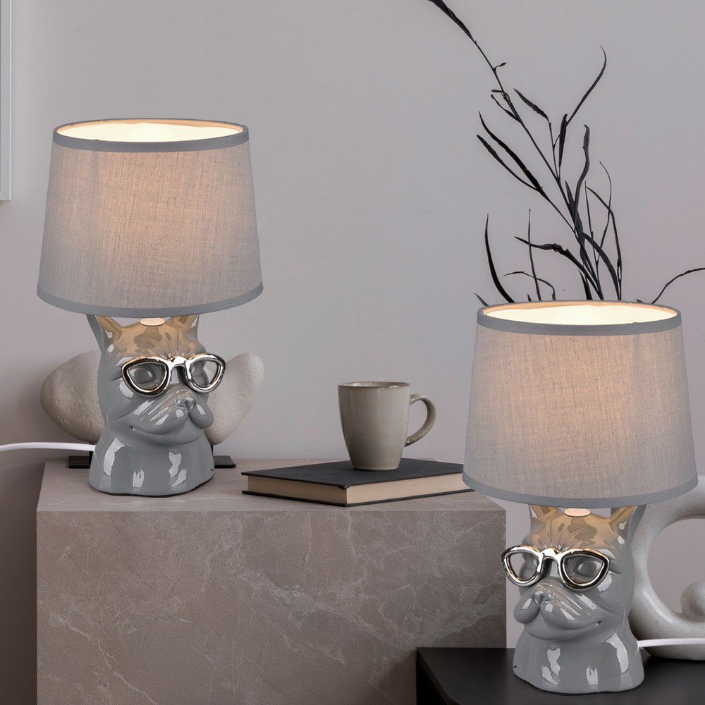 etc-shop Tischleuchte, Leuchtmittel nicht inklusive, Tischlampe Tischleuchte Nachttischlampe Keramik Hund Leselampe grau 2x