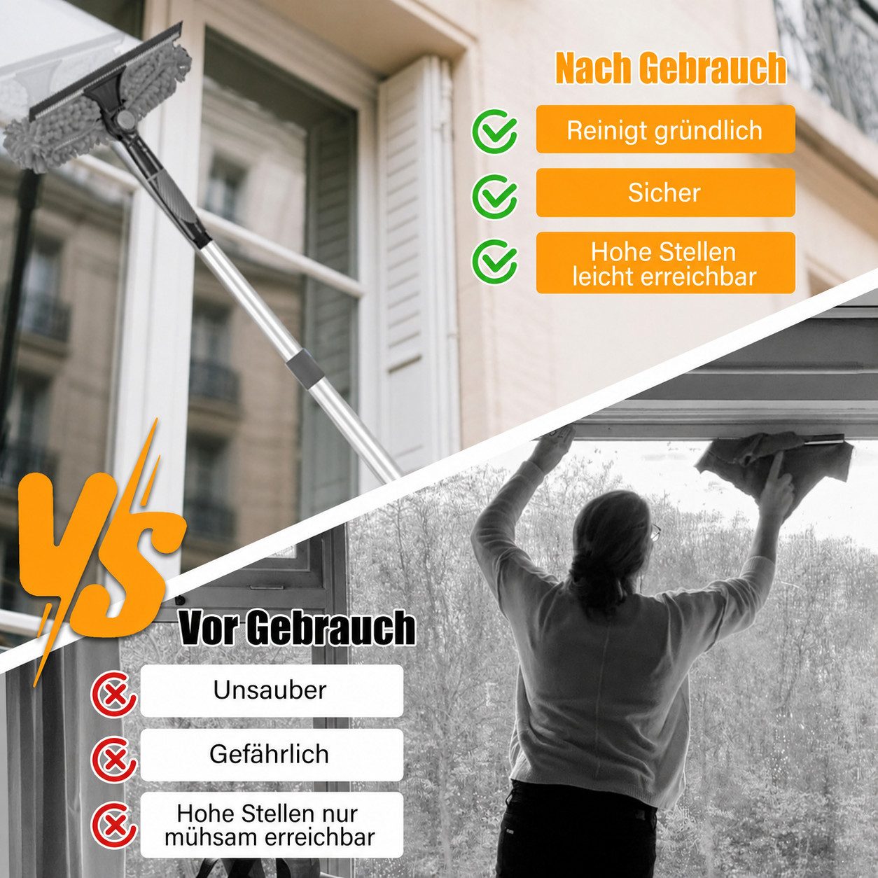SURFOU Staubwedel Fensterreiniger 2in1 Reinigungswischer Wasserabzieher mit Teleskop, (1-St), Fensterreinigungsset mit Spinnwebenwedel und Faserspitze