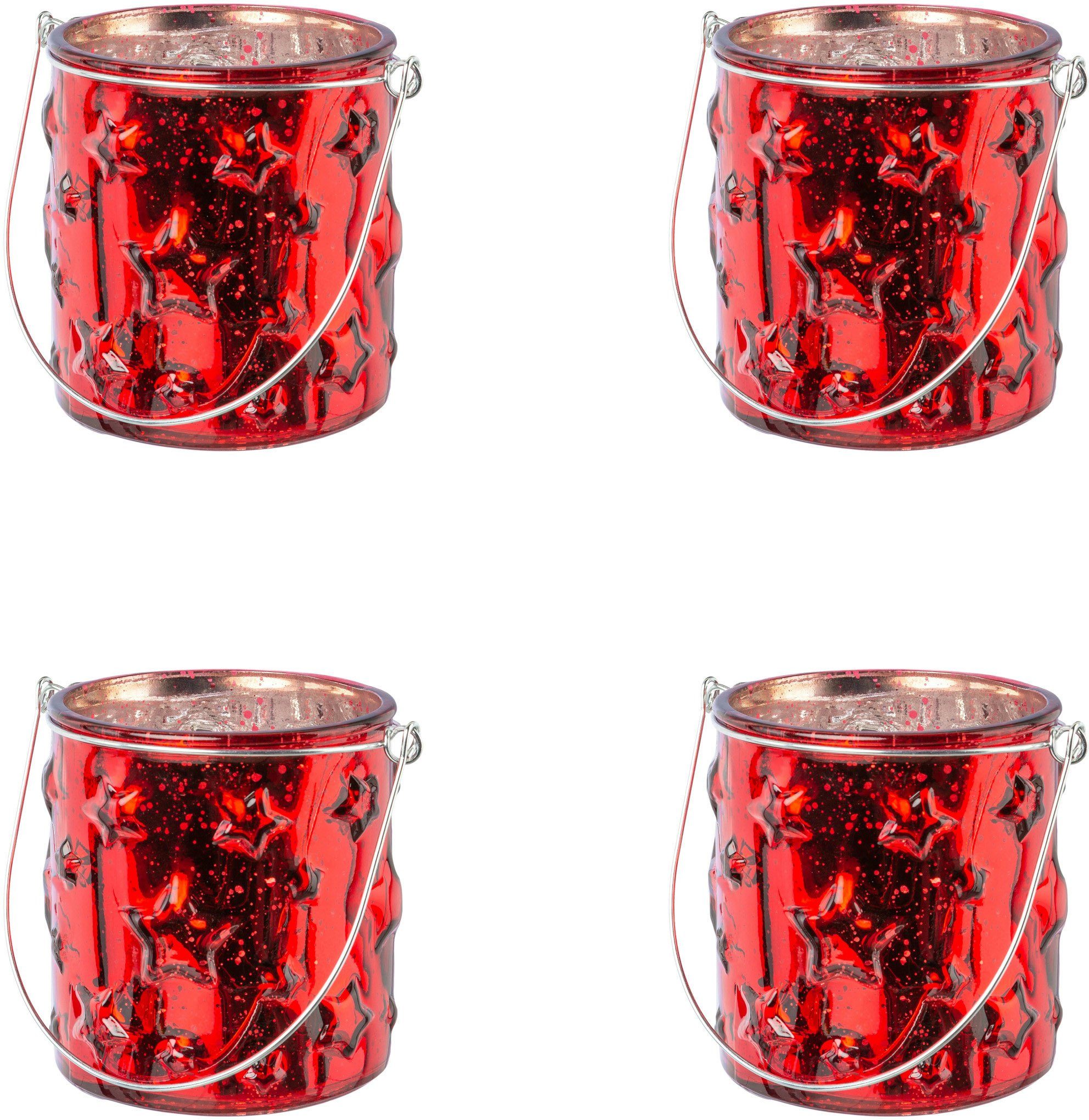 (4 St), Glas Creativ deco Stern-Struktur mit Windlicht rot Weihnachtsdeko