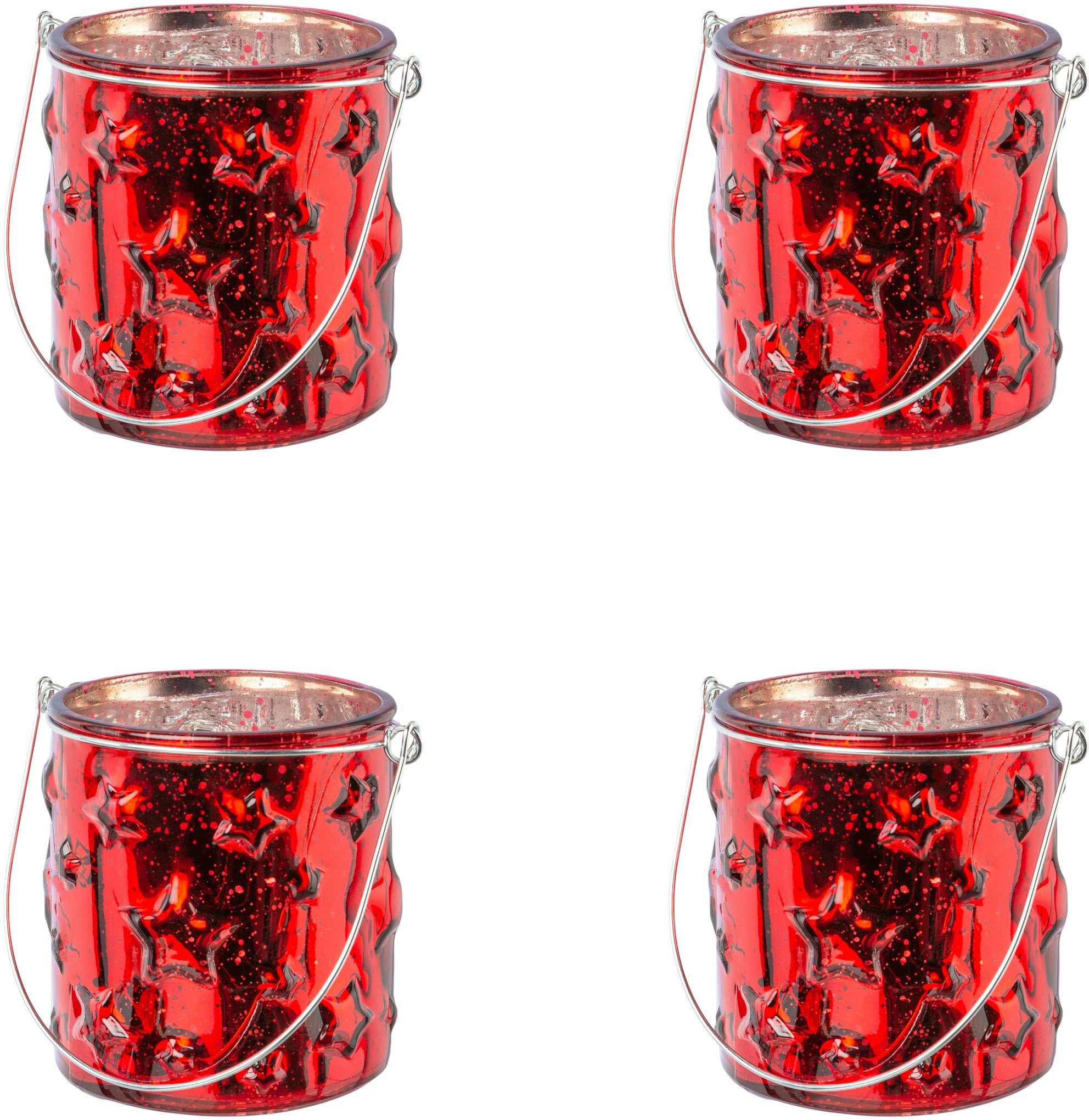 Creativ deco Windlicht Weihnachtsdeko (4 St), rot Stern-Struktur Glas mit