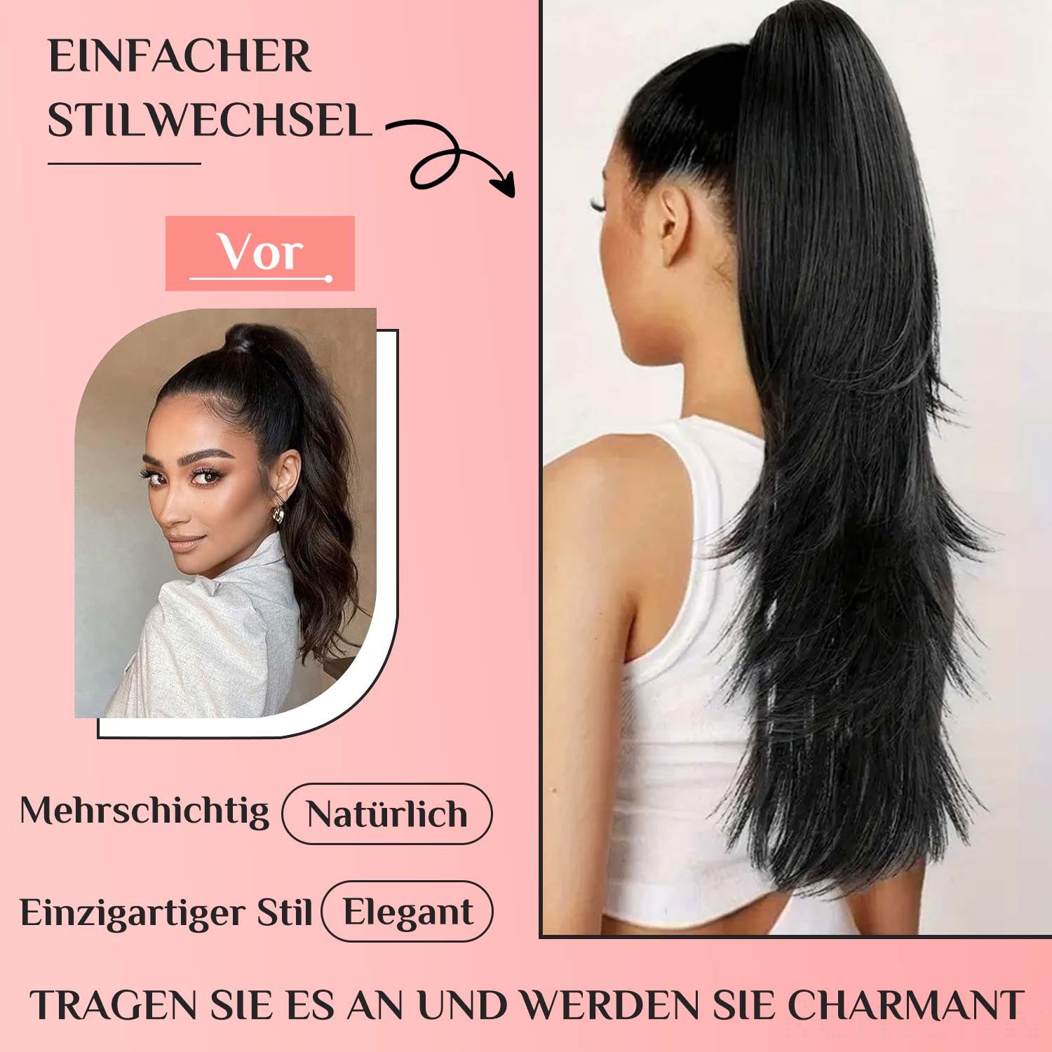 Refttenw Kunsthaarperücke flauschige Perücken 55cm Pferdeschwanz mit Haarklammer, Haarverlängerunge