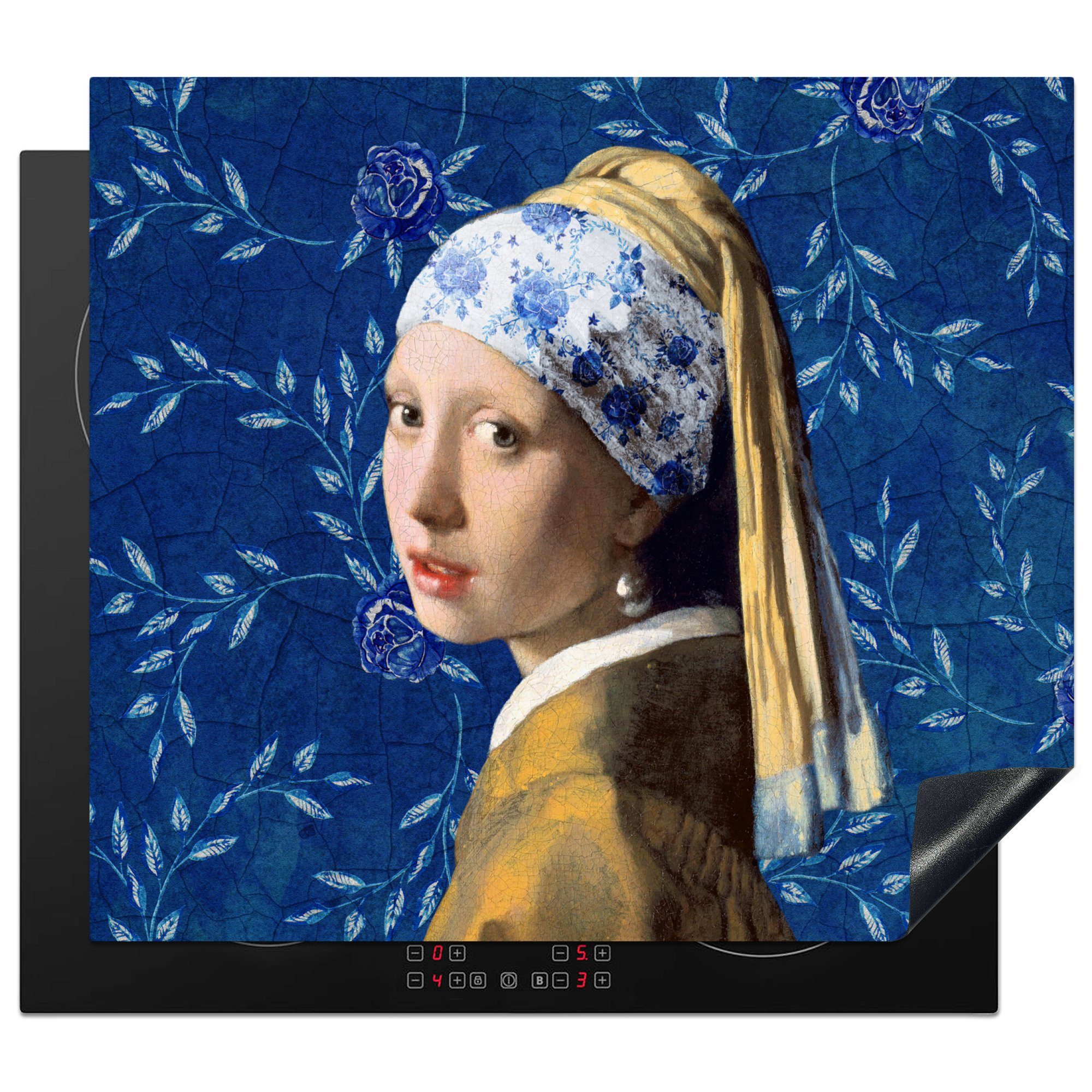 MuchoWow Herdblende-/Abdeckplatte Mädchen mit Perlenohrring - Delfter Blau - Vermeer - Blumen - Gemälde, Vinyl, (1 tlg), 59x52 cm, Ceranfeldabdeckung für die küche, Induktionsmatte