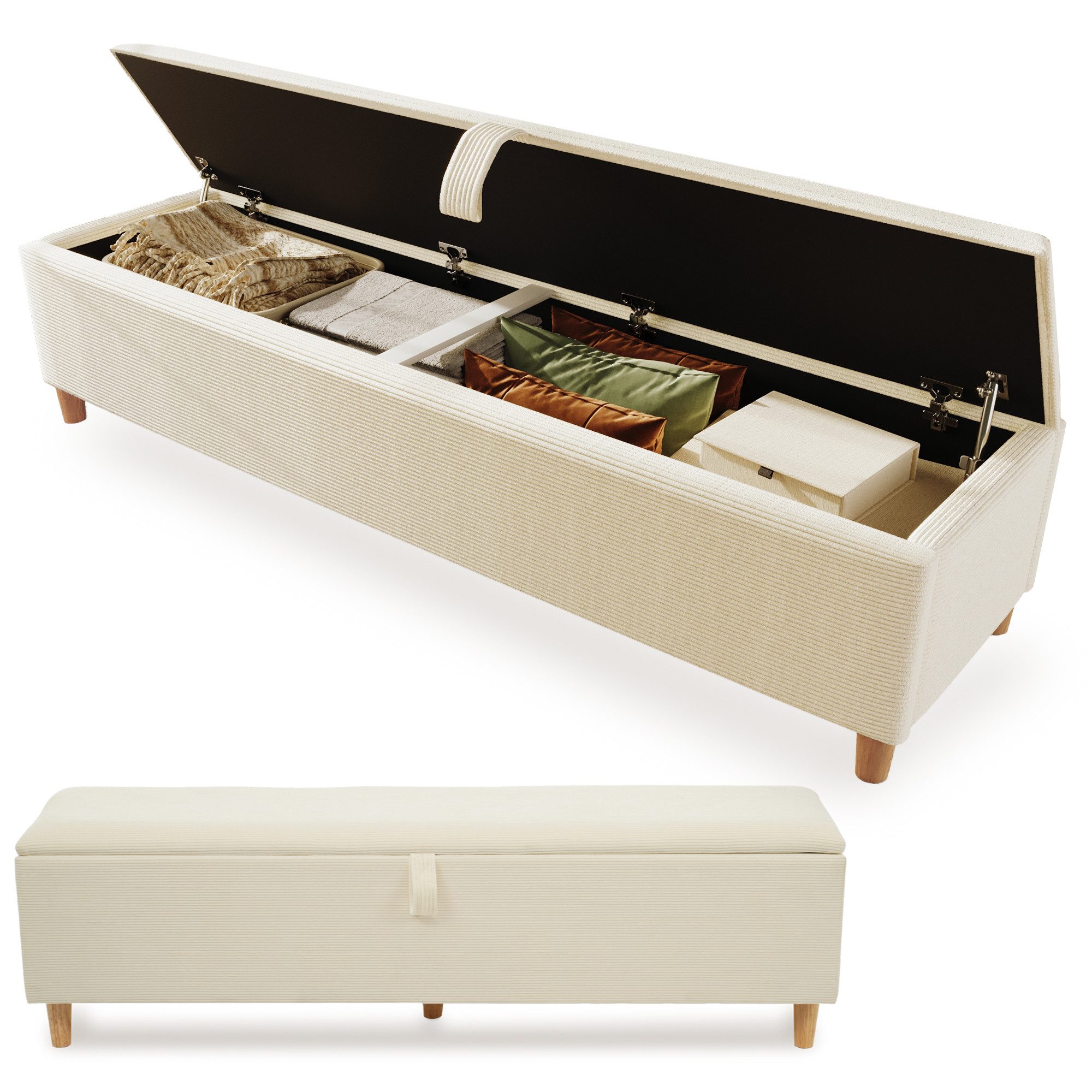 Celya Sitzbank Bettbank mit Stauraum, Polsterbank mit Hydraulischem Stauraum (Beiger Cord-Optik, Geeignet für Schlafzimmer, Wohnzimmer und Flur), 165 x 38 cm Bettbank, Aufbewahrungsbox